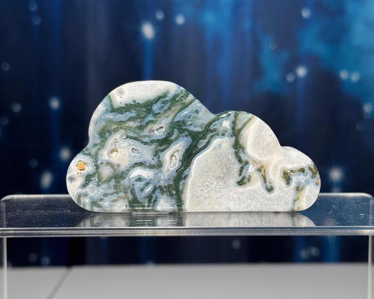 Moss Agate cloud | 3 3/8” long | 99 grams | DOES self-stand | dendrite inclusions