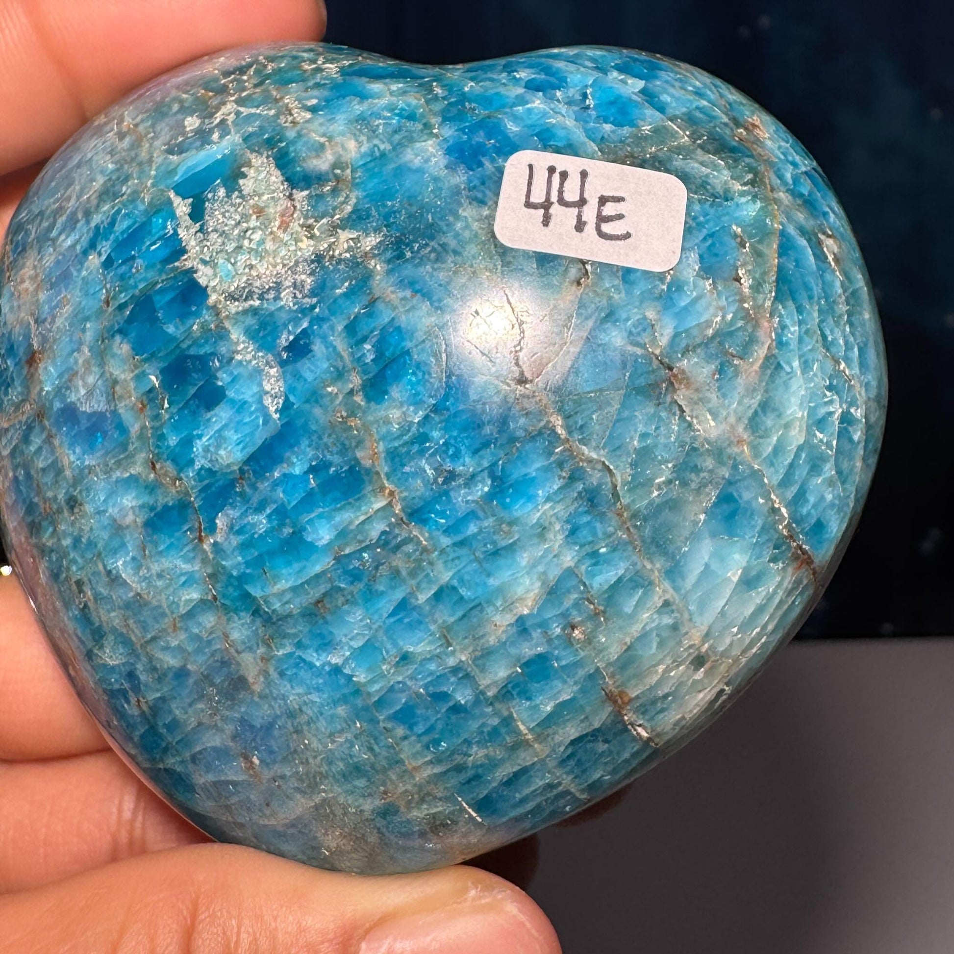 Blue Apatite heart | 3 1/8" wide | 334 grams | stand included | Damage Discount