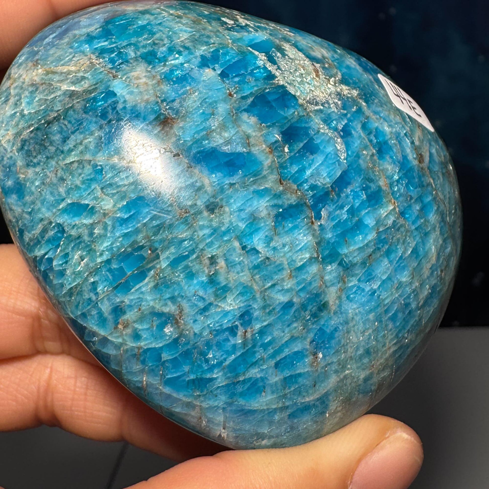 Blue Apatite heart | 3 1/8" wide | 334 grams | stand included | Damage Discount