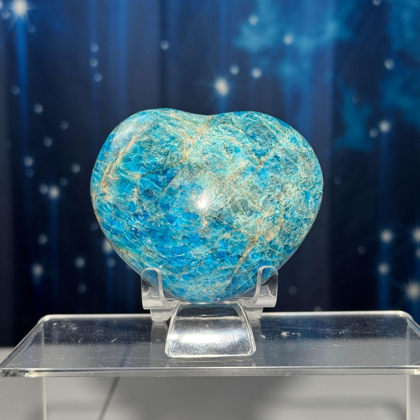 Blue Apatite heart | 3 1/8" wide | 334 grams | stand included | Damage Discount