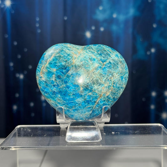 Blue Apatite heart | 3 1/8" wide | 334 grams | stand included | Damage Discount