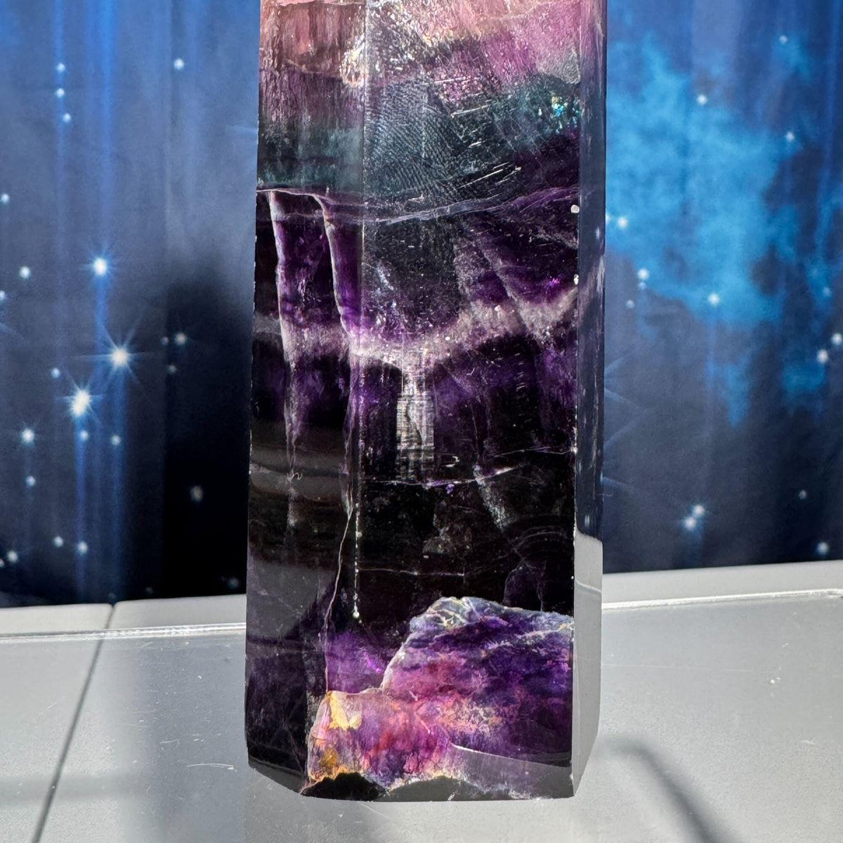 Purple Fluorite tower | 6 5/8" tall | 465 grams | rainbow filled | Damage Discount | Rainbow Fluorite