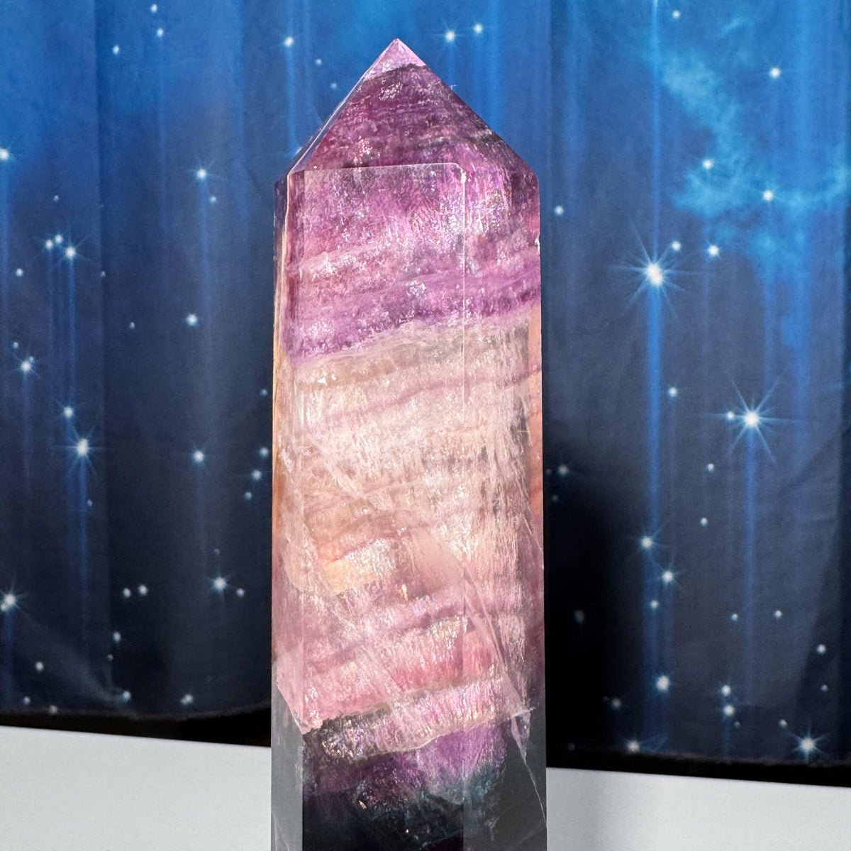 Purple Fluorite tower | 6 5/8" tall | 465 grams | rainbow filled | Damage Discount | Rainbow Fluorite