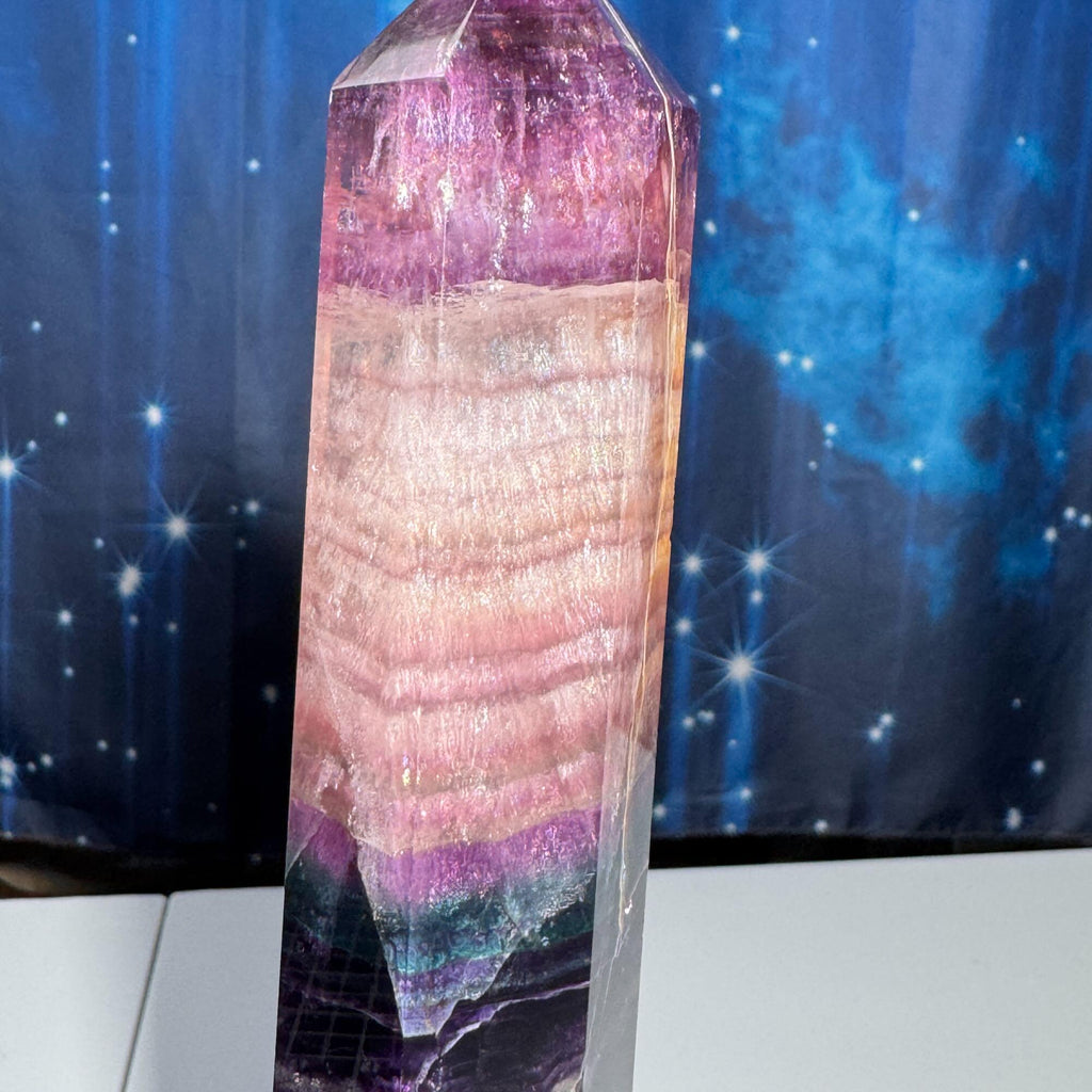 Purple Fluorite tower | 6 5/8" tall | 465 grams | rainbow filled | Damage Discount | Rainbow Fluorite