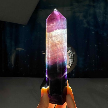Purple Fluorite tower | 6 5/8" tall | 465 grams | rainbow filled | Damage Discount | Rainbow Fluorite