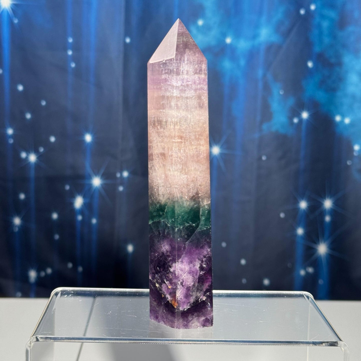 Purple Fluorite tower | 5 7/8" tall | 431 grams | rainbow filled | Damage Discount | Rainbow Fluorite
