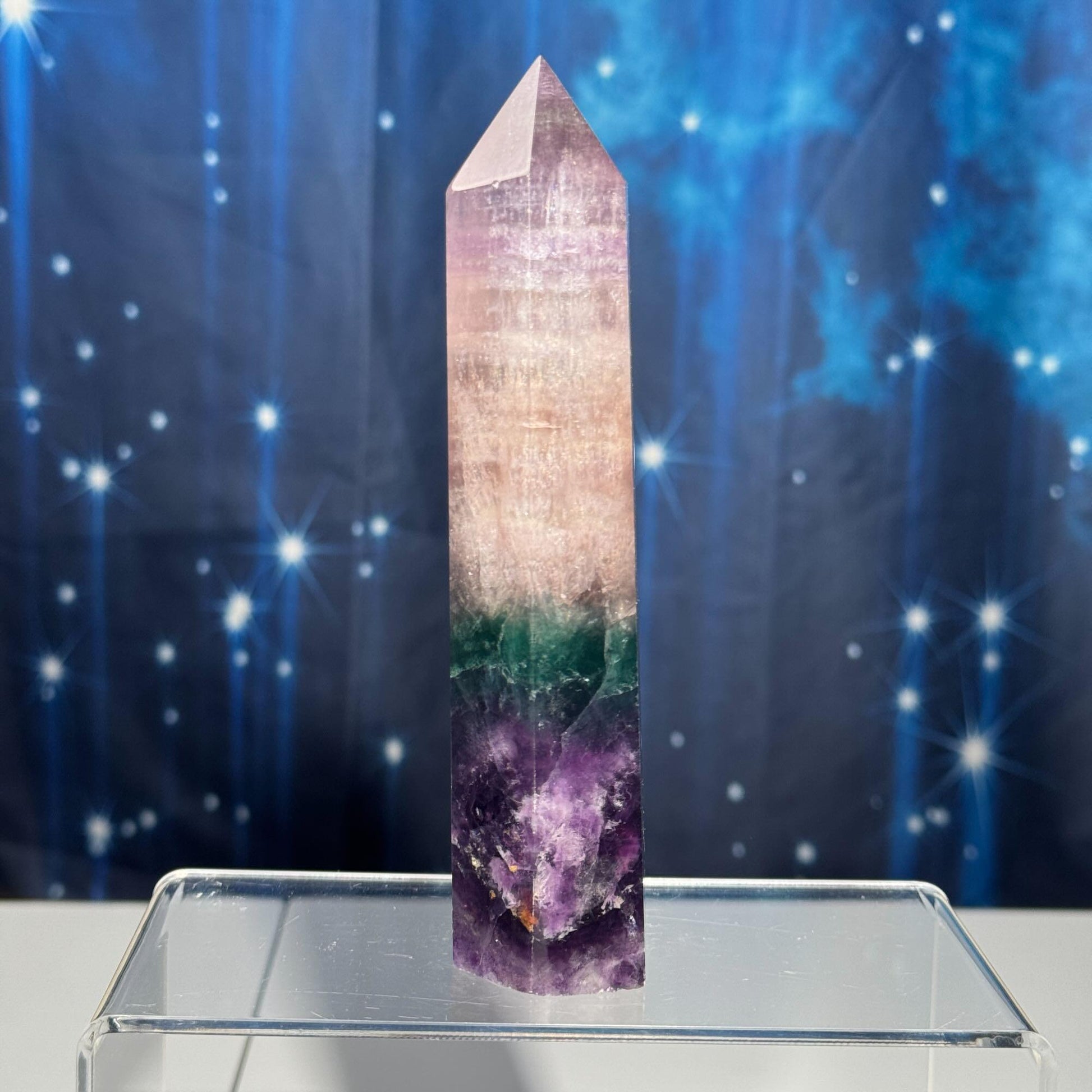 Purple Fluorite tower | 5 7/8" tall | 431 grams | rainbow filled | Damage Discount | Rainbow Fluorite