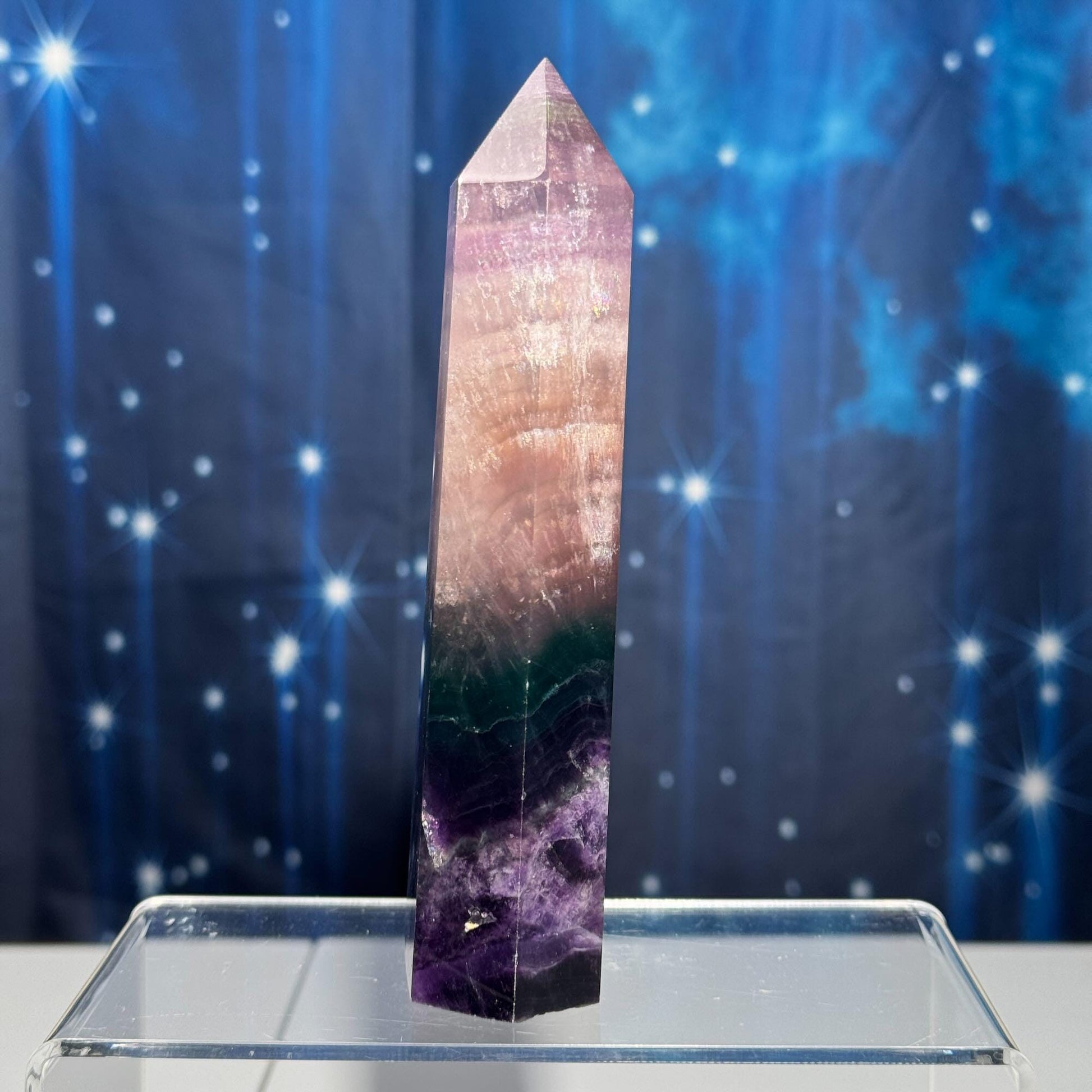 Purple Fluorite tower | 5 7/8" tall | 431 grams | rainbow filled | Damage Discount | Rainbow Fluorite