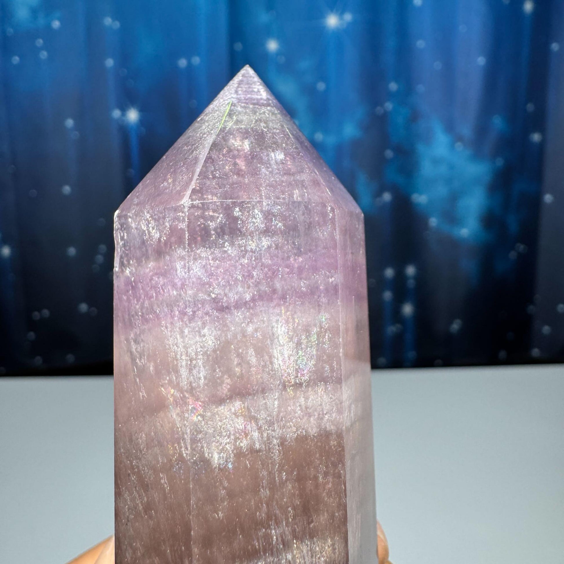 Purple Fluorite tower | 5 7/8" tall | 431 grams | rainbow filled | Damage Discount | Rainbow Fluorite