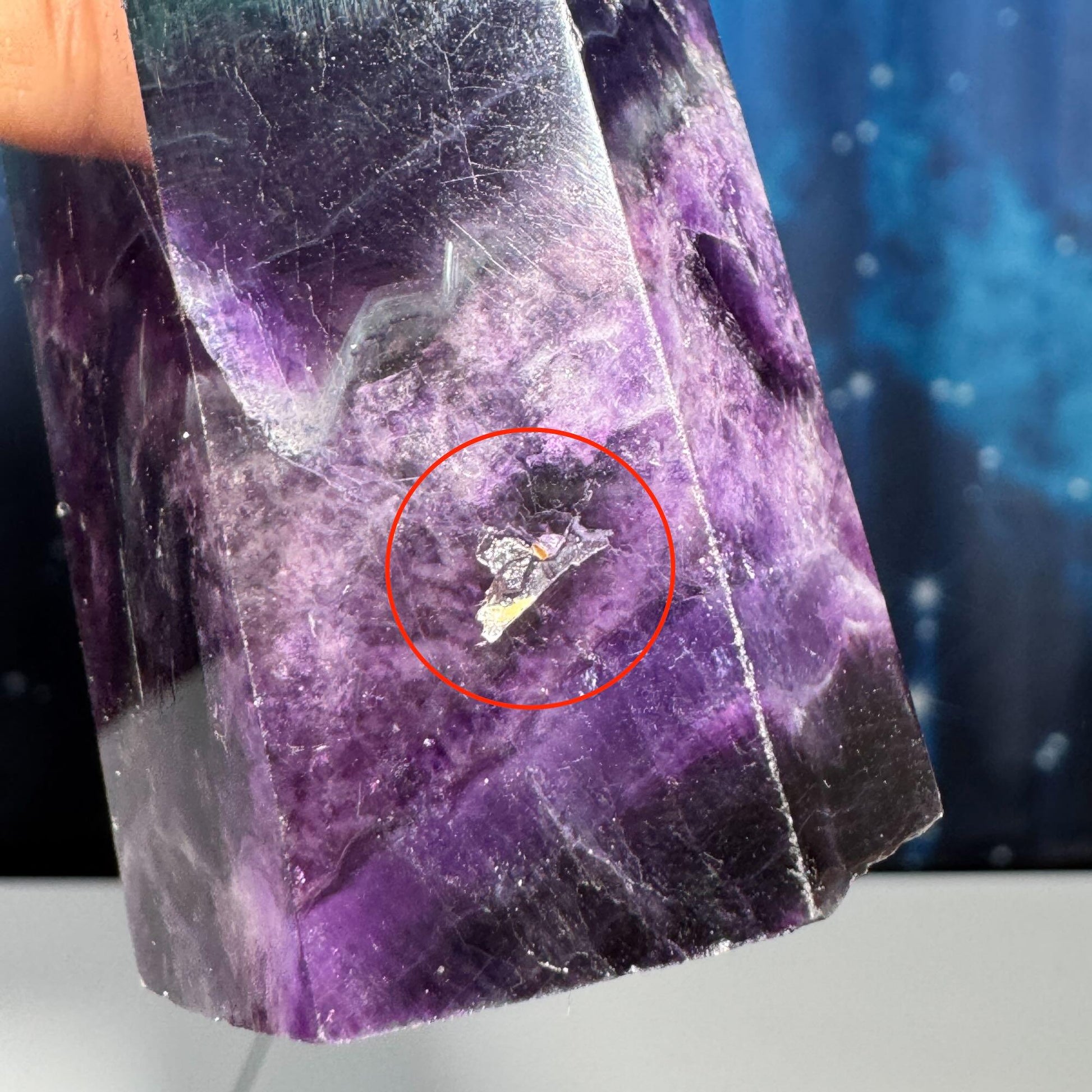Purple Fluorite tower | 5 7/8" tall | 431 grams | rainbow filled | Damage Discount | Rainbow Fluorite