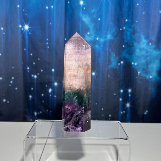 Purple Fluorite tower | 5 7/8" tall | 431 grams | rainbow filled | Damage Discount | Rainbow Fluorite