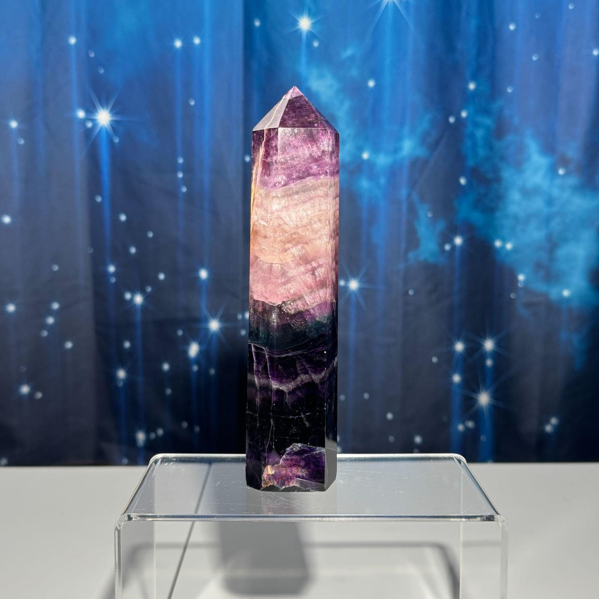 Purple Fluorite tower | 6 5/8" tall | 465 grams | rainbow filled | Damage Discount | Rainbow Fluorite