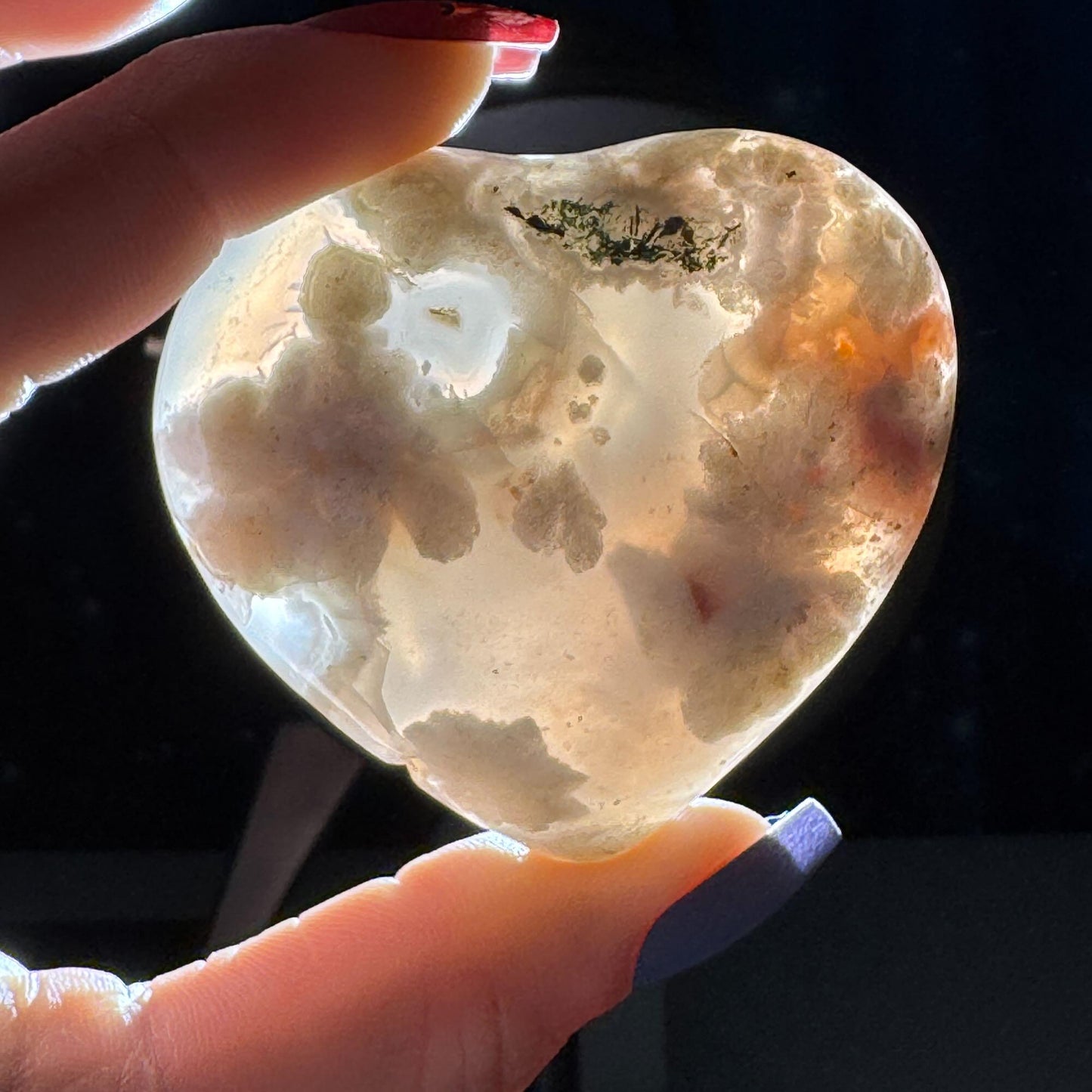 Flower Agate heart | 2 1/4" long | 85 grams | Damage discount | stand included