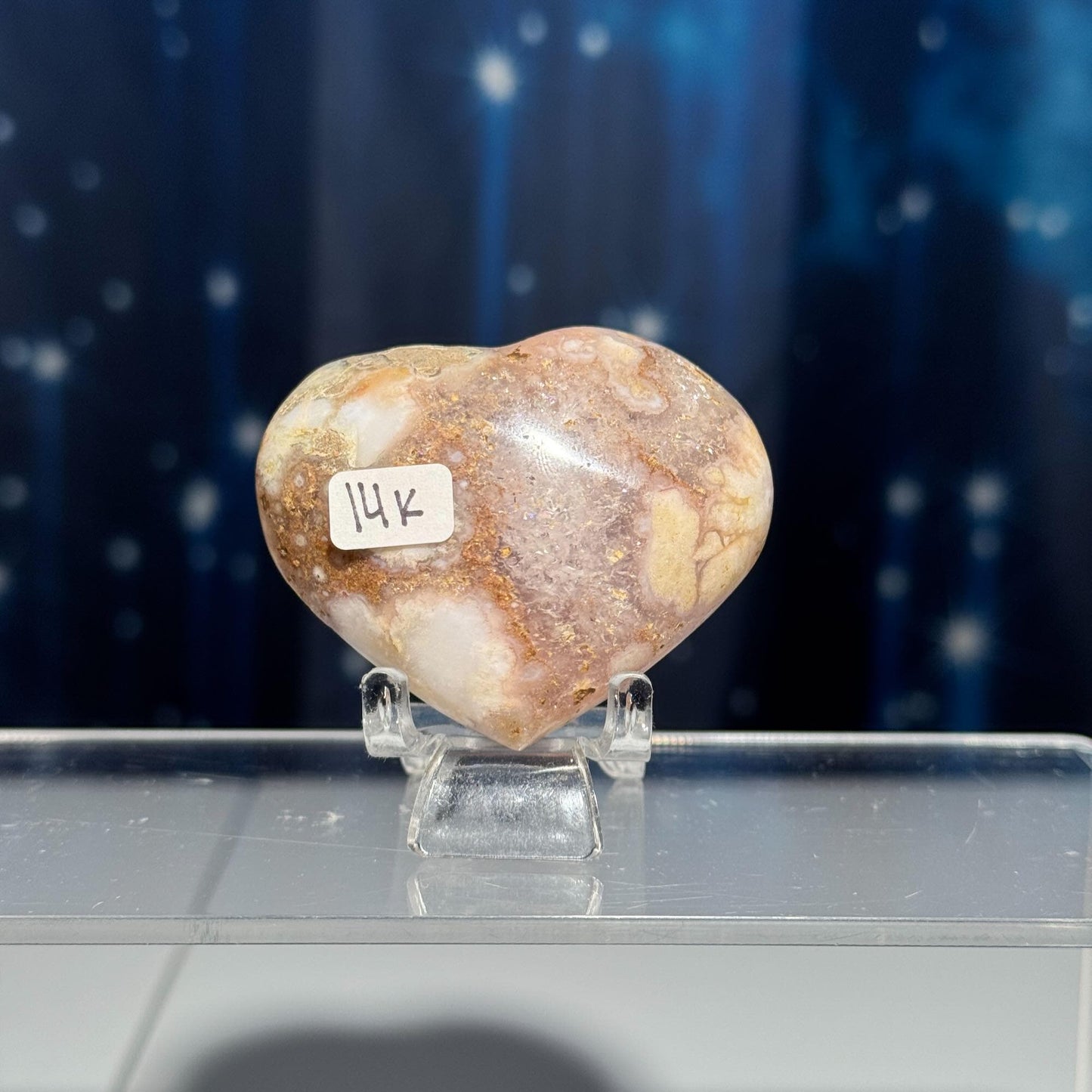 Flower Agate heart | 2 1/8" long | 82 grams | stand included | Quartz inclusion