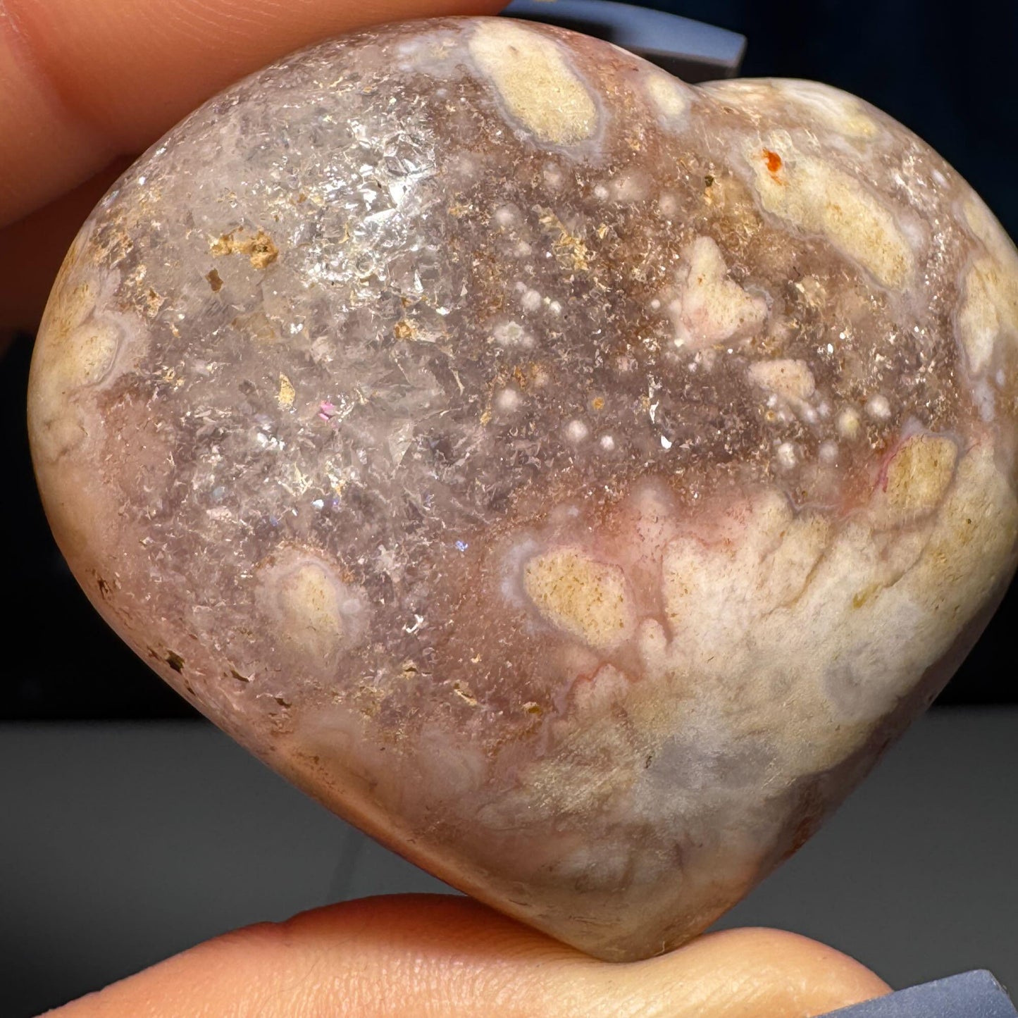 Flower Agate heart | 2 1/8" long | 82 grams | stand included | Quartz inclusion