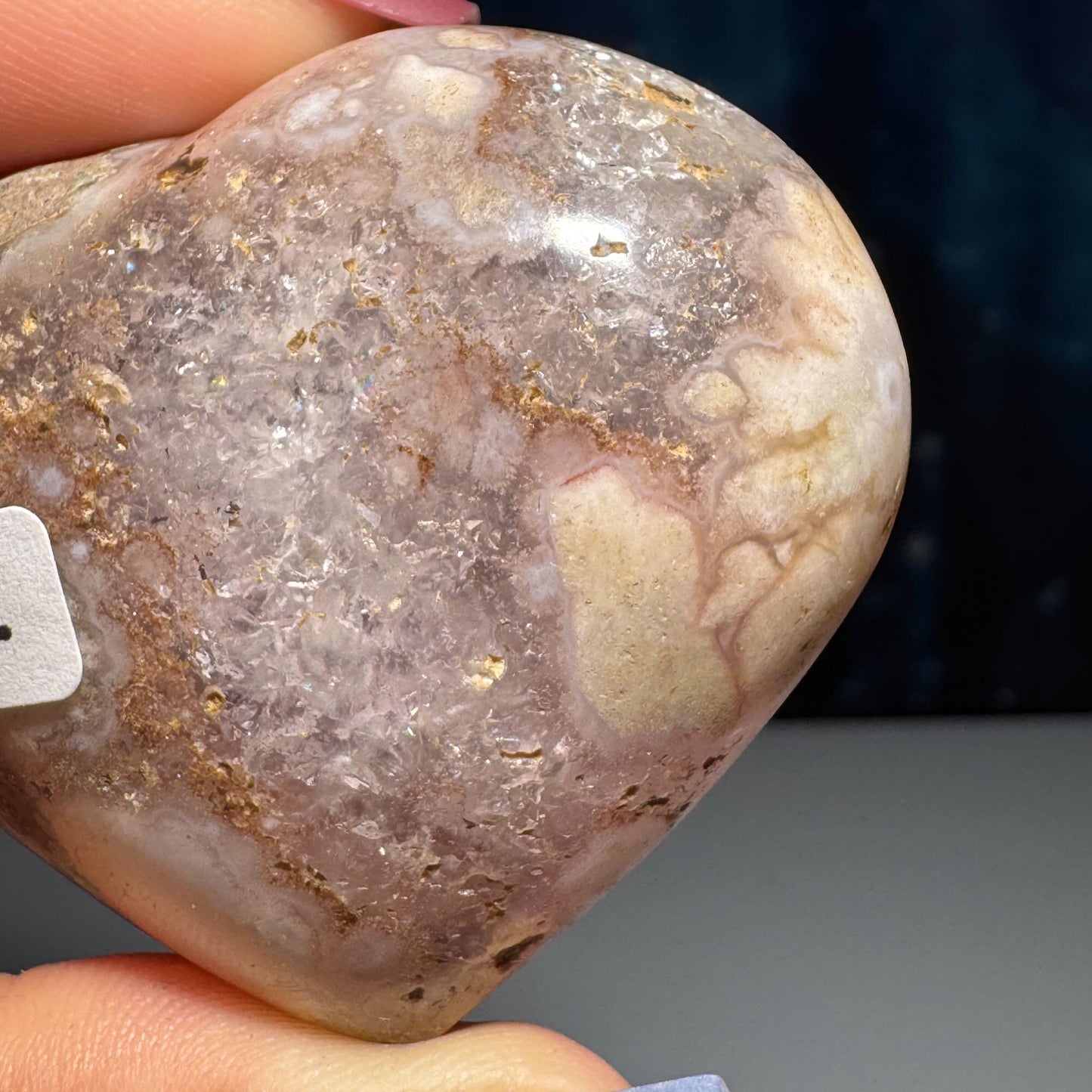 Flower Agate heart | 2 1/8" long | 82 grams | stand included | Quartz inclusion