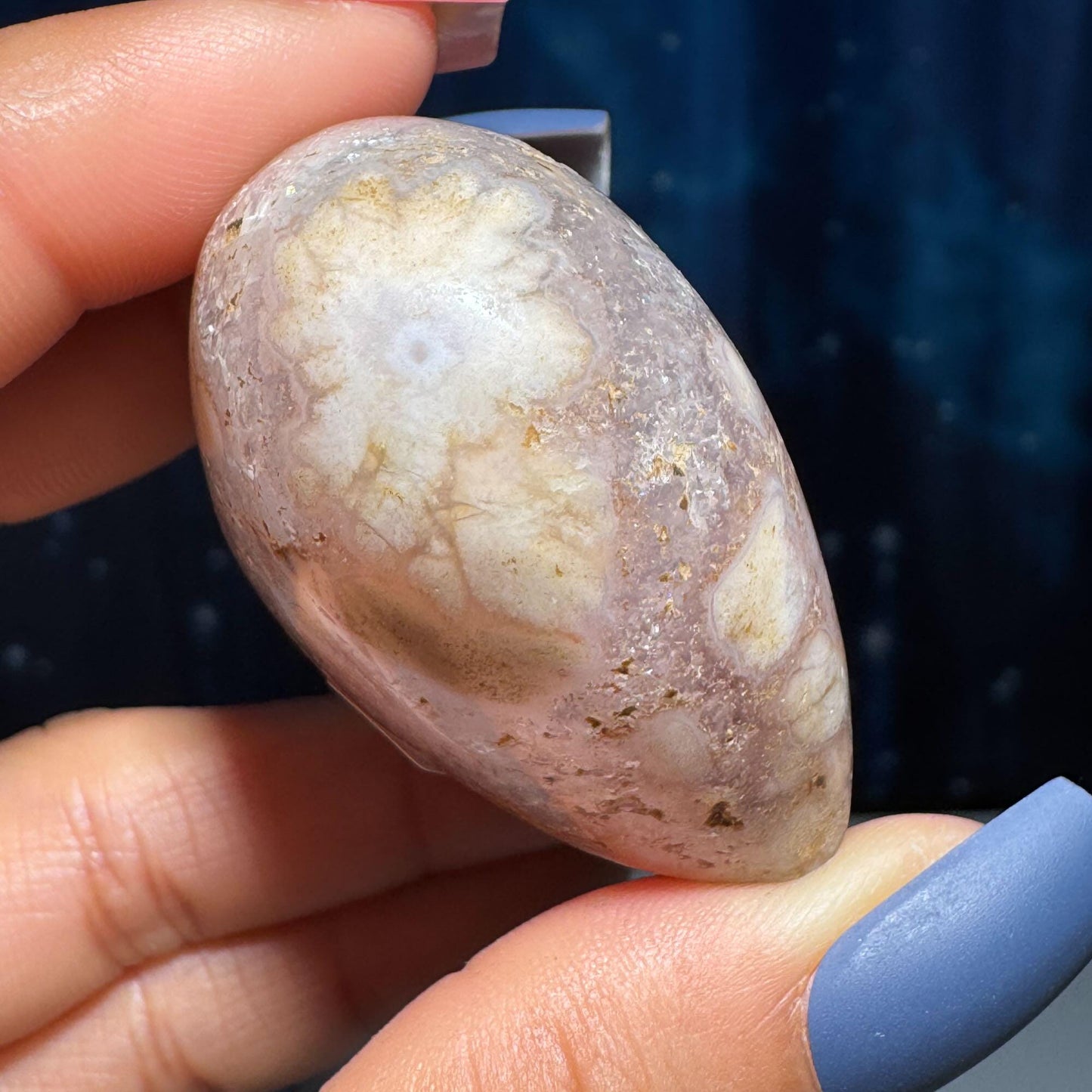Flower Agate heart | 2 1/8" long | 82 grams | stand included | Quartz inclusion