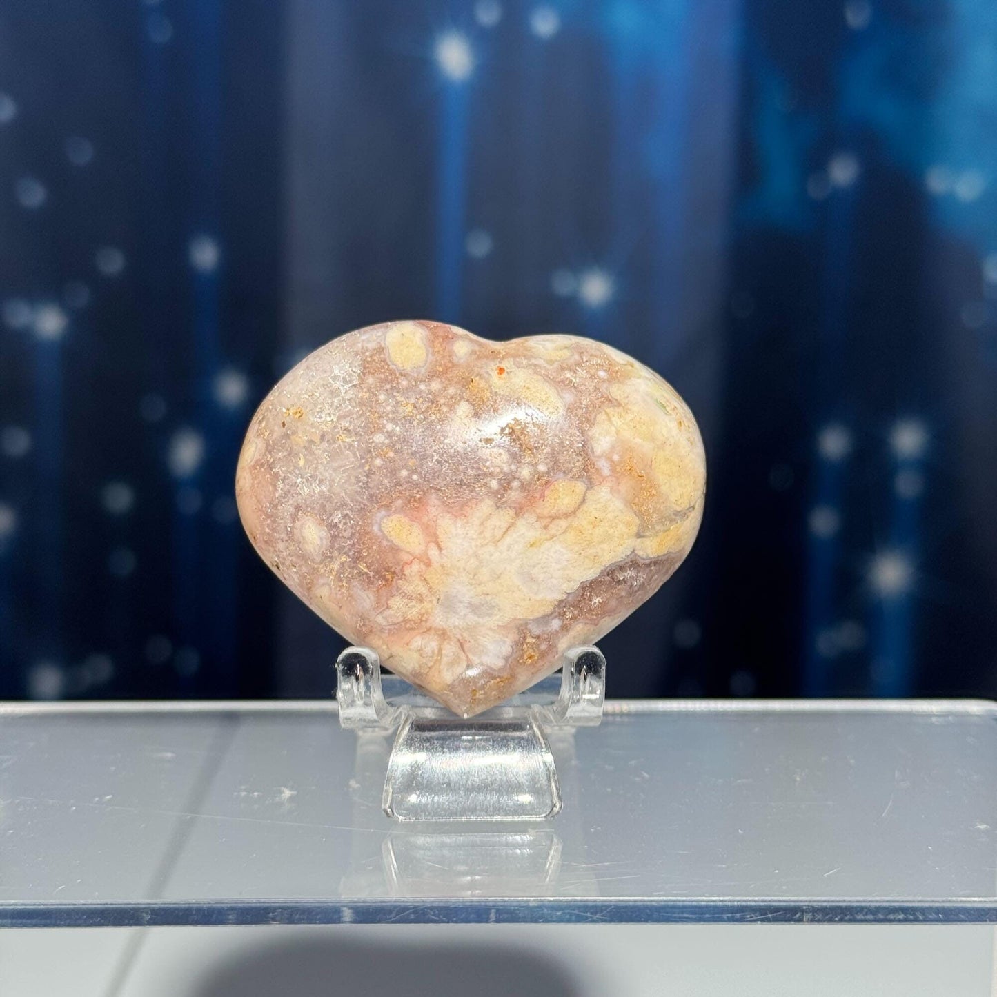 Flower Agate heart | 2 1/8" long | 82 grams | stand included | Quartz inclusion