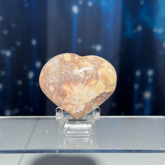 Flower Agate heart | 2 1/8" long | 82 grams | stand included | Quartz inclusion