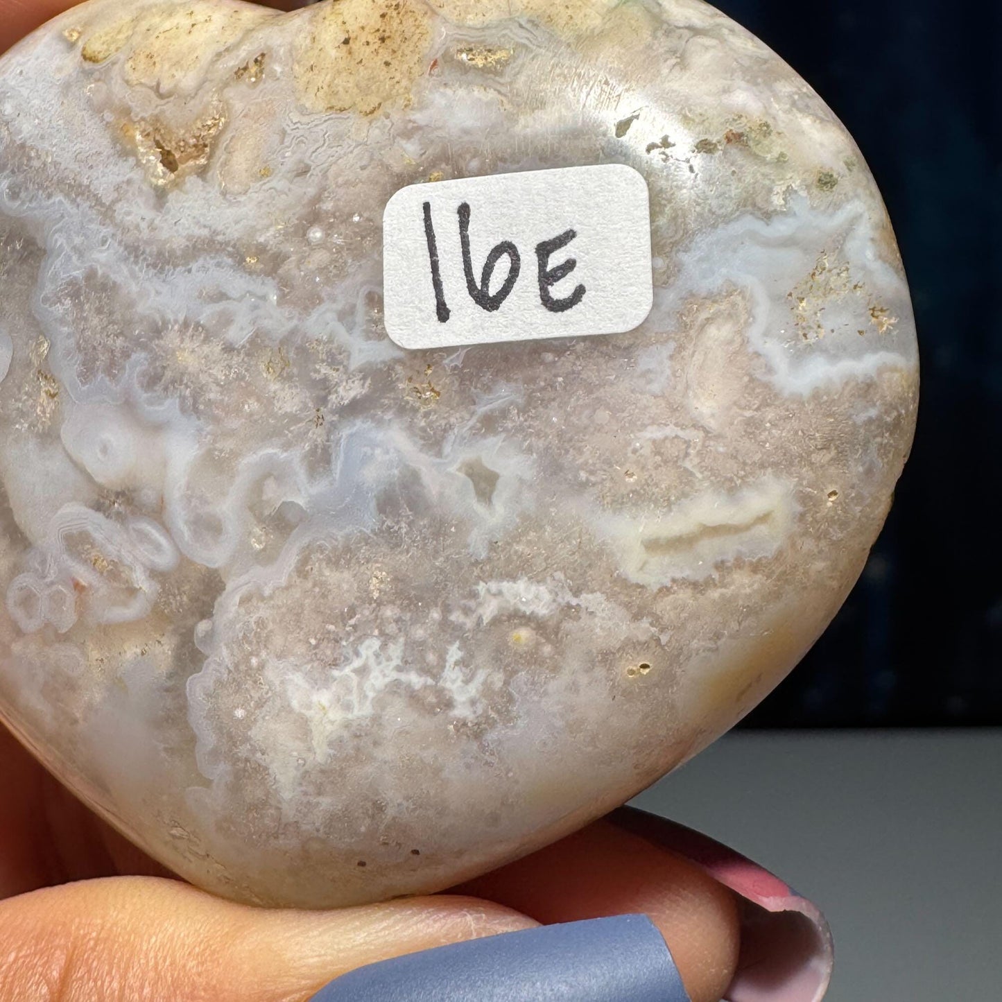 Flower Agate heart | 2 5/8" long | 111 grams | stand included | Damage Discount