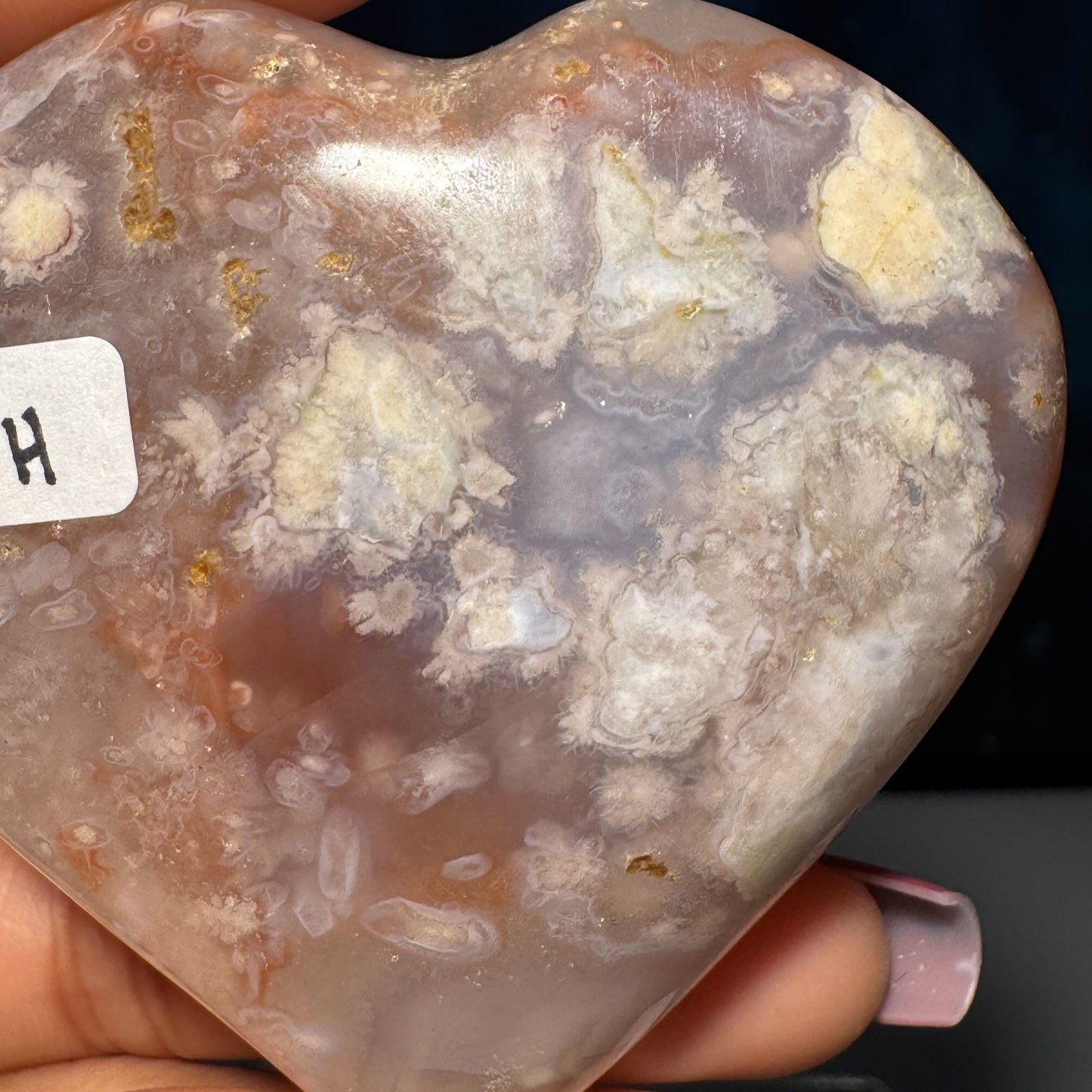 Flower Agate heart | 2 1/2" long | 128 grams | stand included | Damage Discount
