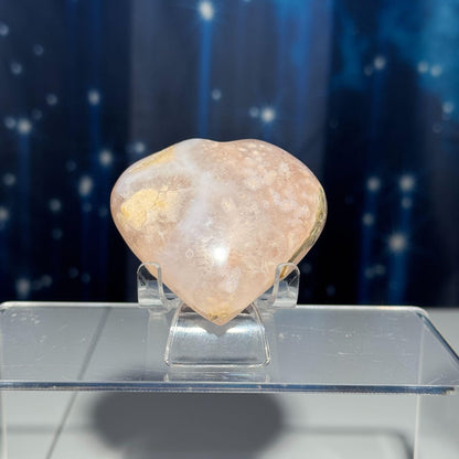 Flower Agate heart | 2 1/2" long | 128 grams | stand included | Damage Discount