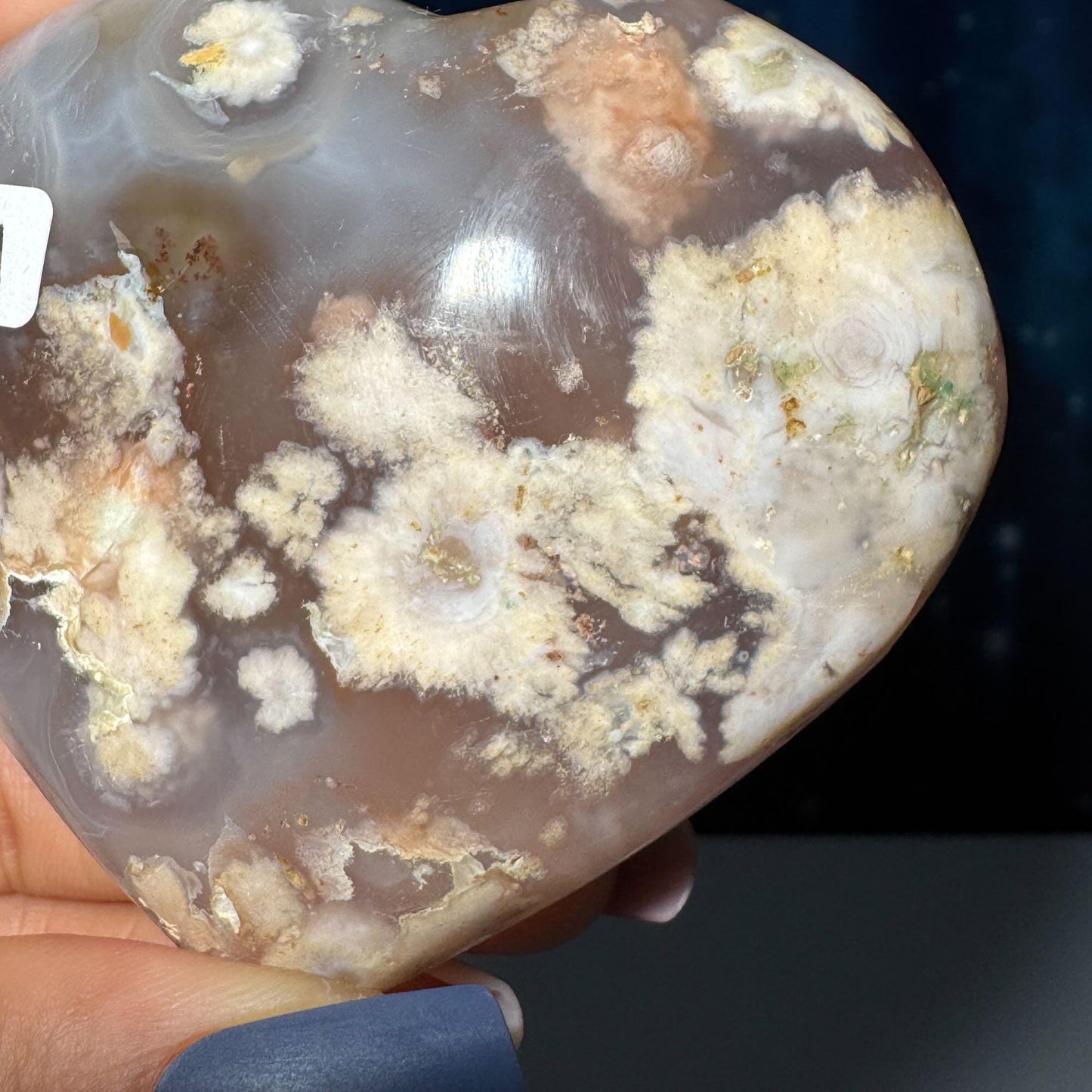 Flower Agate heart | 3" long | 179 grams | stand included | Damage Discount