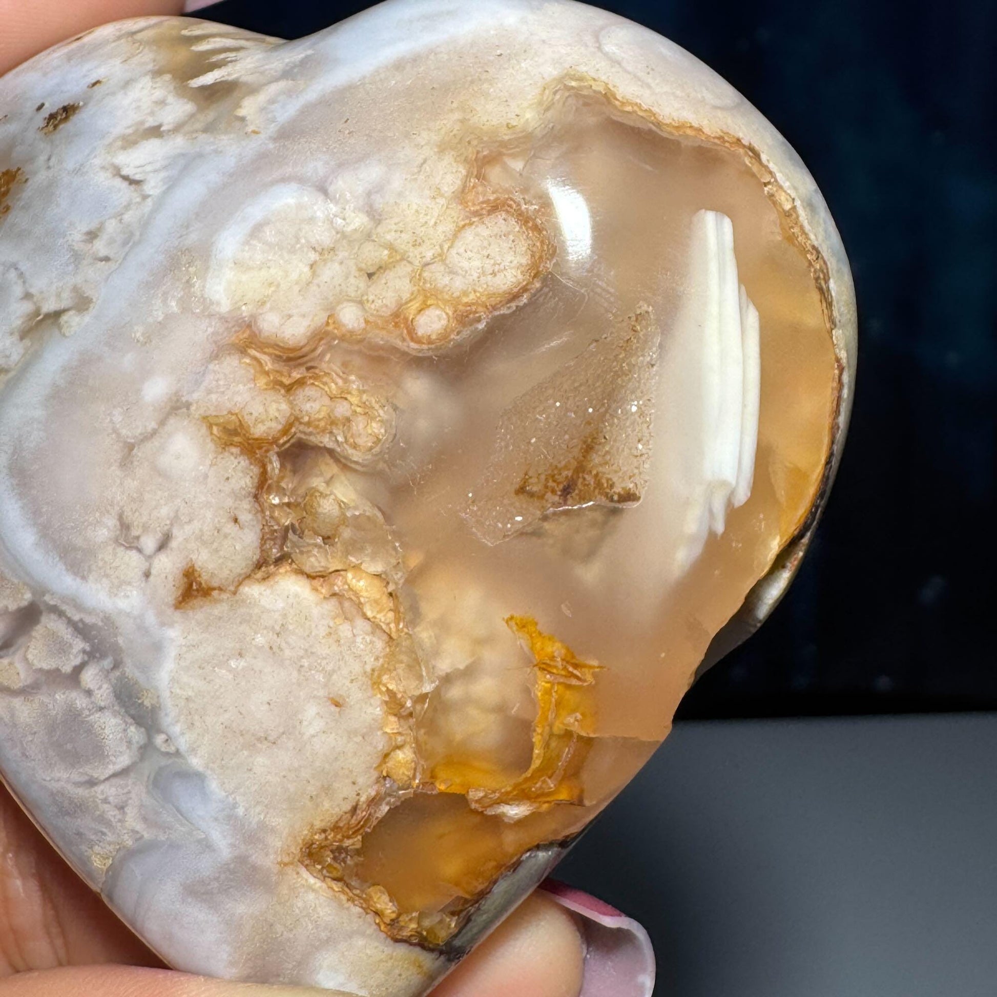 Flower Agate heart | 2 7/8" long | 190 grams | stand included | Damage Discount