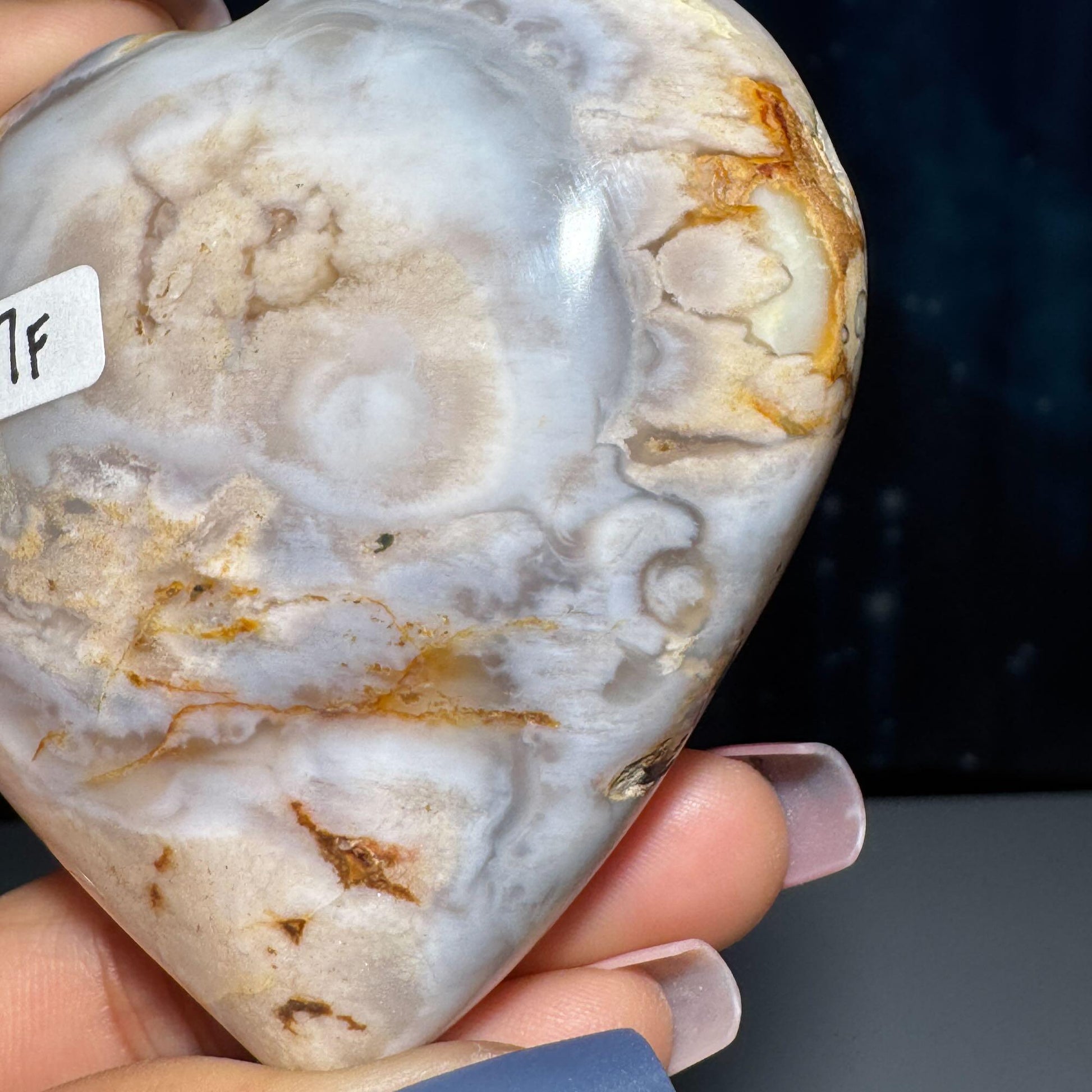 Flower Agate heart | 2 7/8" long | 190 grams | stand included | Damage Discount