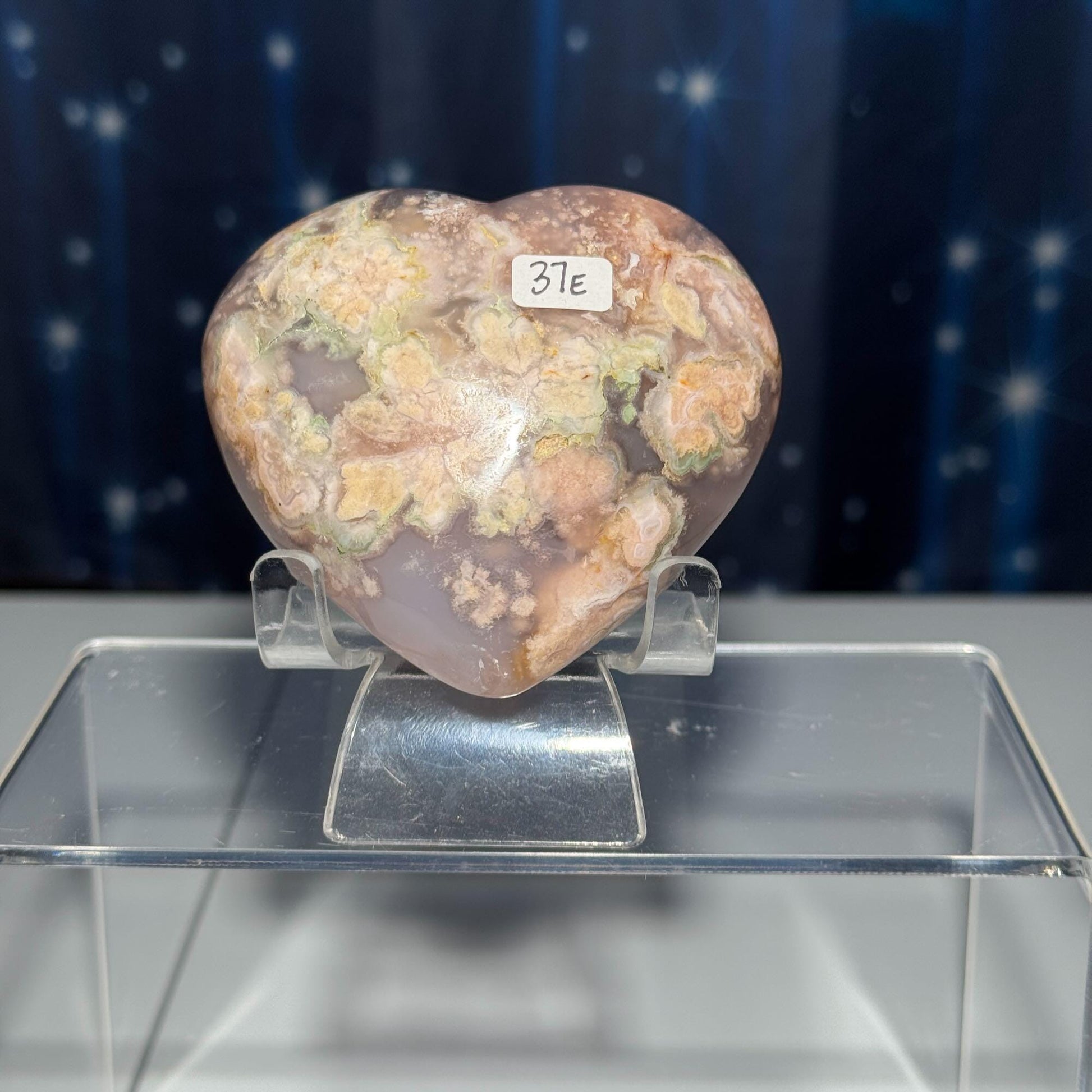 Flower Agate heart | 3" long | 315 grams | stand included | Damage Discount