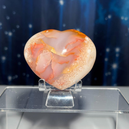Flower Agate heart | 3" long | 278 grams | stand included | Damage Discount