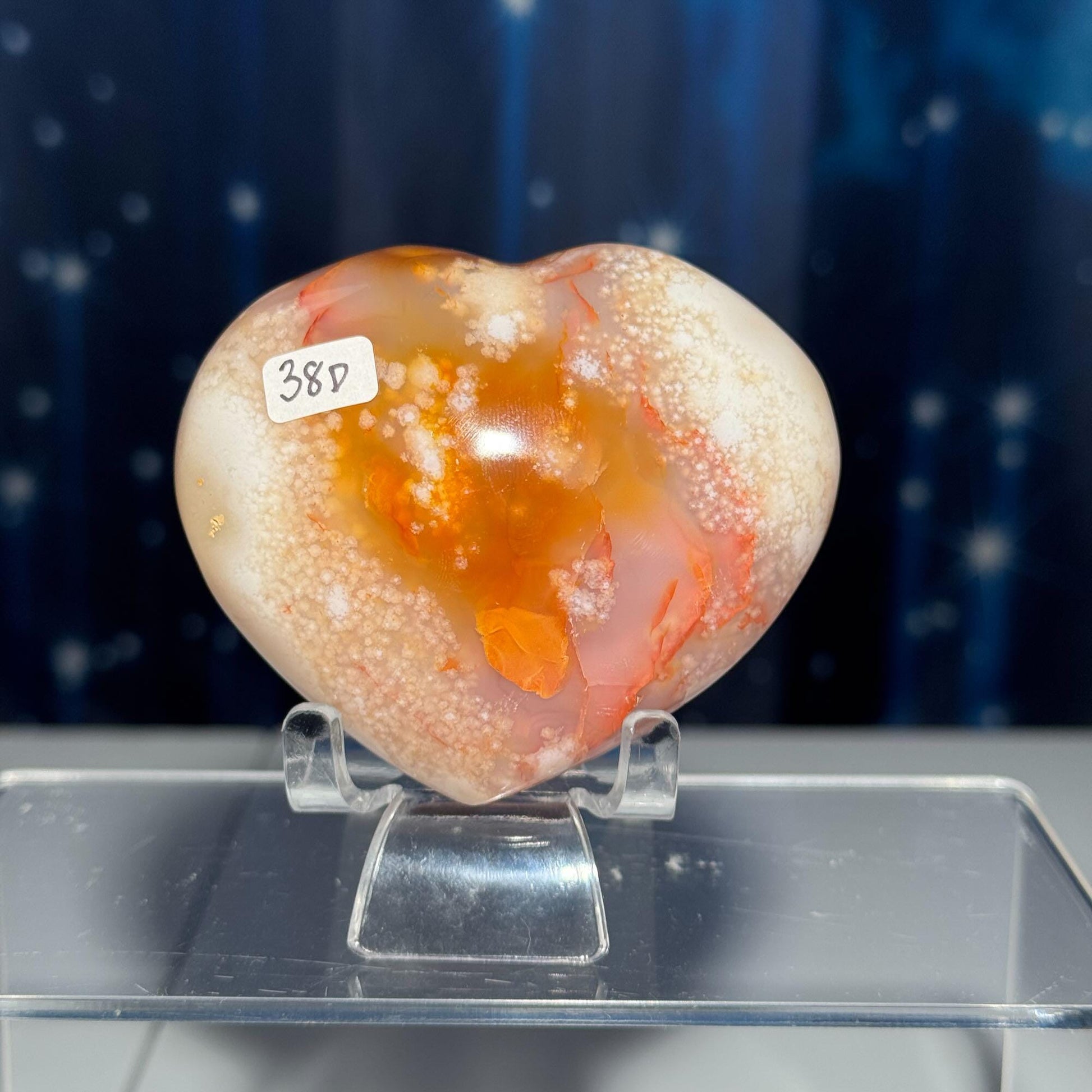 Flower Agate heart | 3" long | 278 grams | stand included | Damage Discount