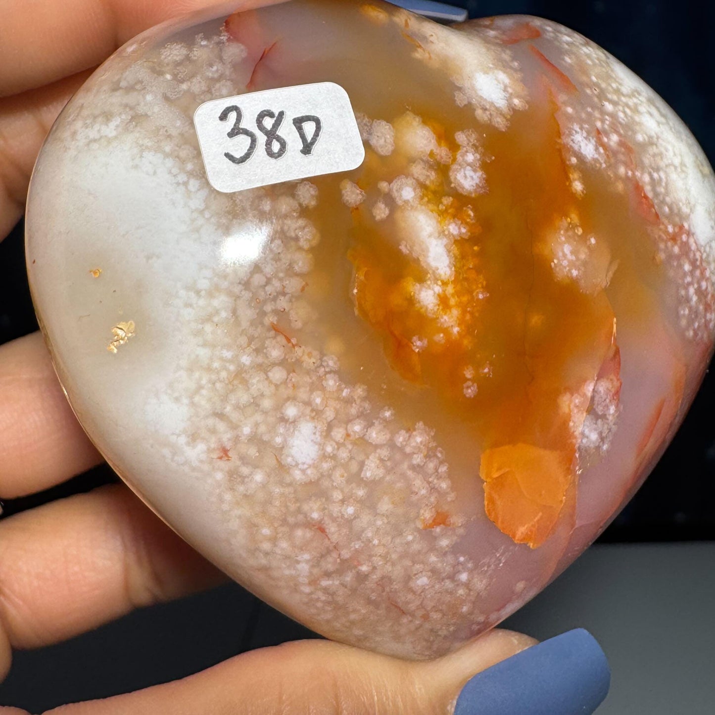 Flower Agate heart | 3" long | 278 grams | stand included | Damage Discount
