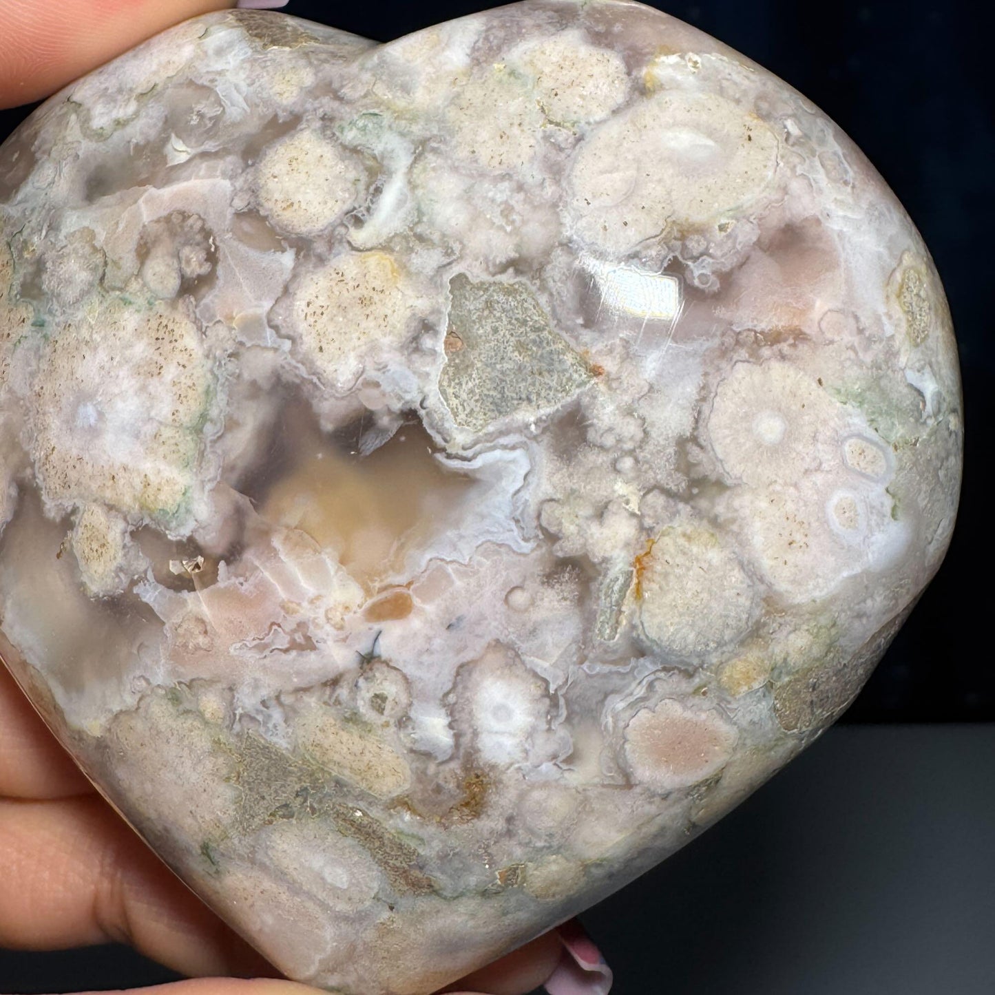 Flower Agate heart | 3 3/8" long | 354 grams | stand included | Damage Discount