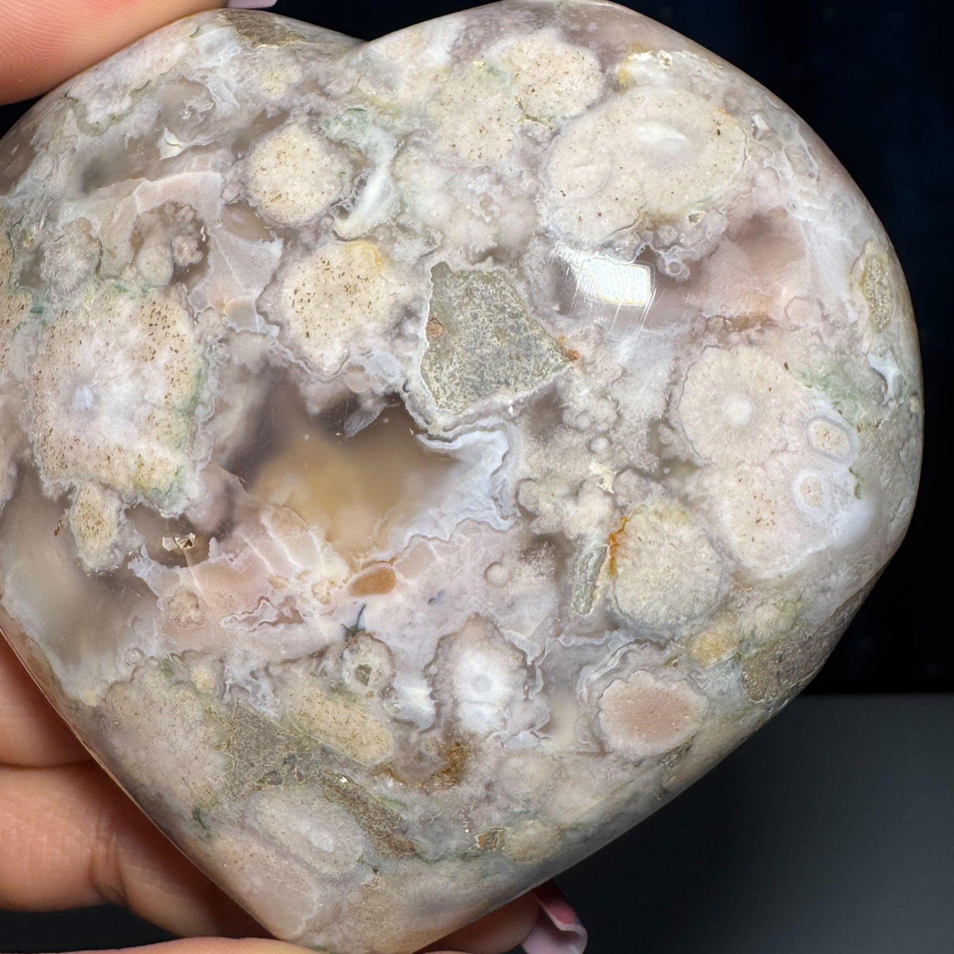Flower Agate heart | 3 3/8" long | 354 grams | stand included | Damage Discount