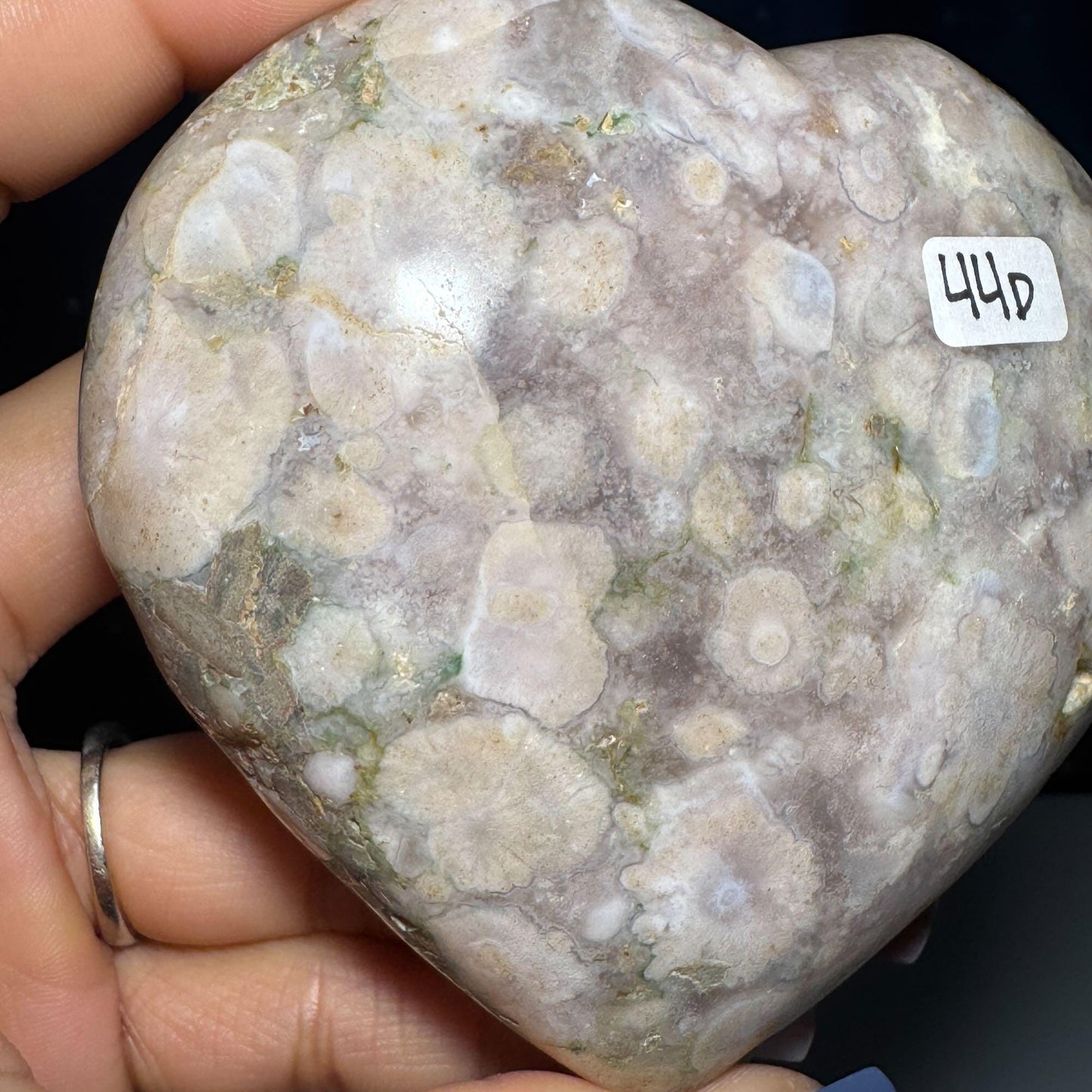 Flower Agate heart | 3 3/8" long | 354 grams | stand included | Damage Discount