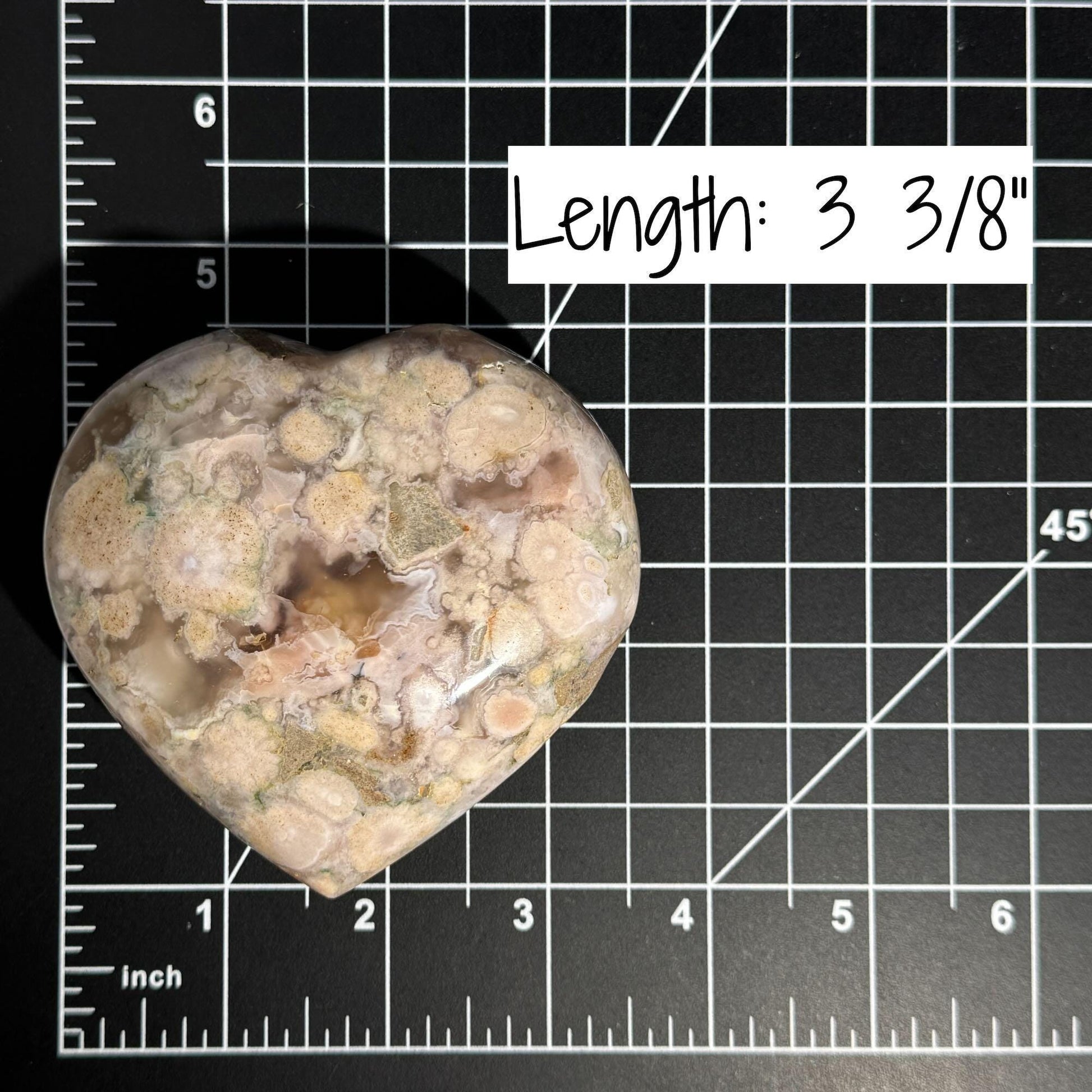 Flower Agate heart | 3 3/8" long | 354 grams | stand included | Damage Discount