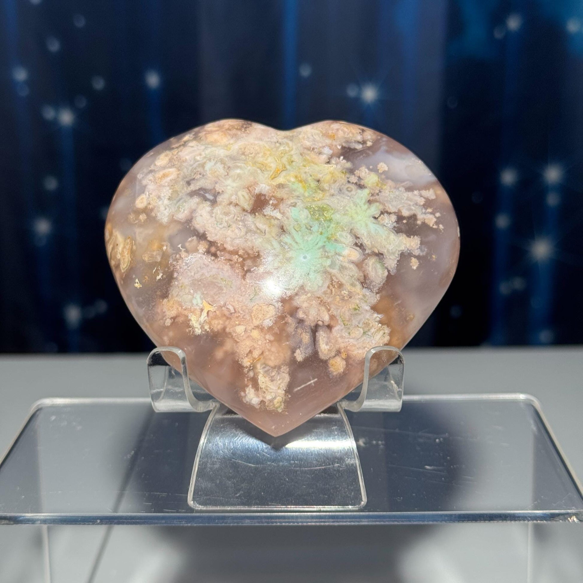 Flower Agate heart | 3 1/2" long | 343 grams | stand included