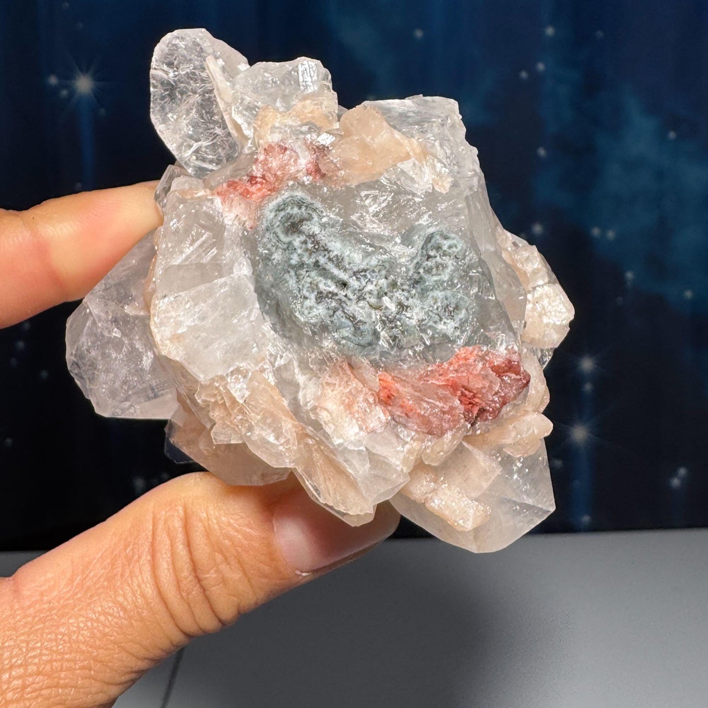 Apophyllite with Stilbite specimen| 164 grams | 2 3/4" long | Hematite inclusions | with Blue Chalcedony | Tucson find