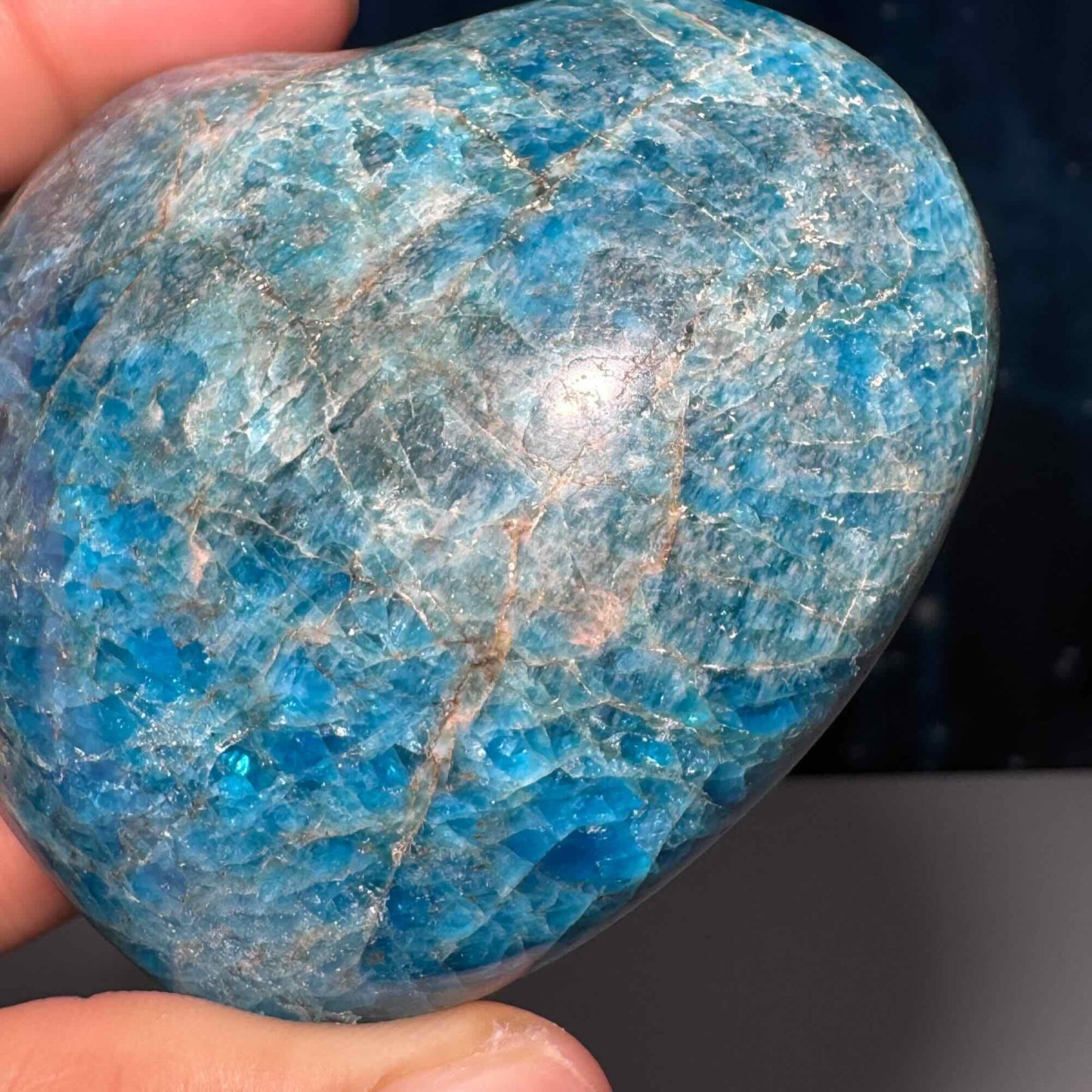 Blue Apatite heart | 3 1/8" wide | 334 grams | stand included | Damage Discount
