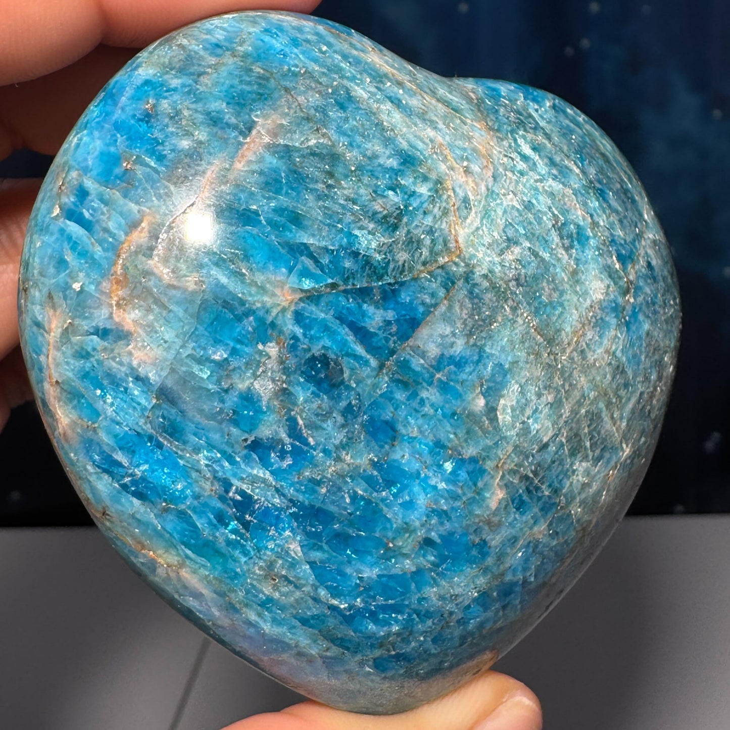 Blue Apatite heart | 3 1/8" wide | 334 grams | stand included | Damage Discount