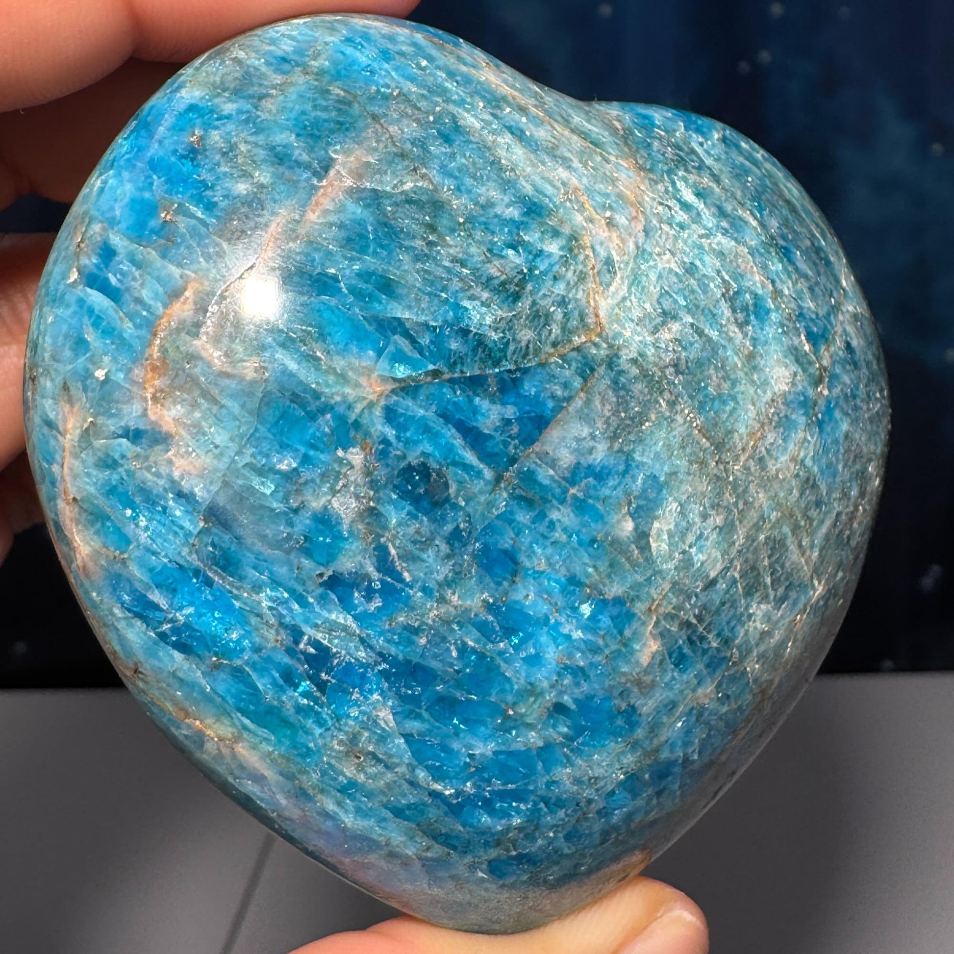 Blue Apatite heart | 3 1/8" wide | 334 grams | stand included | Damage Discount