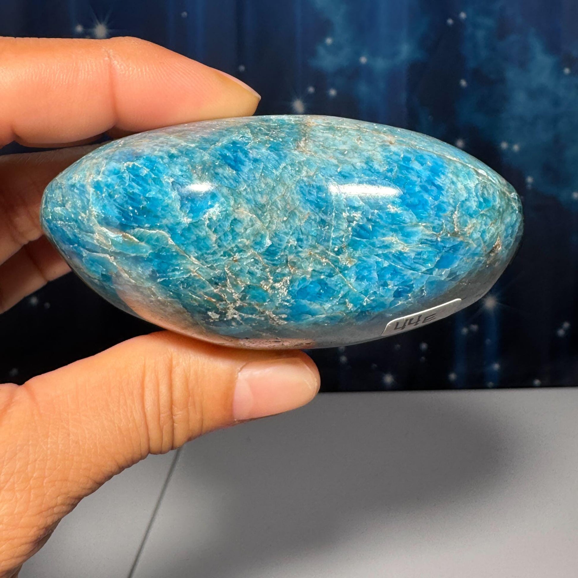 Blue Apatite heart | 3 1/8" wide | 334 grams | stand included | Damage Discount