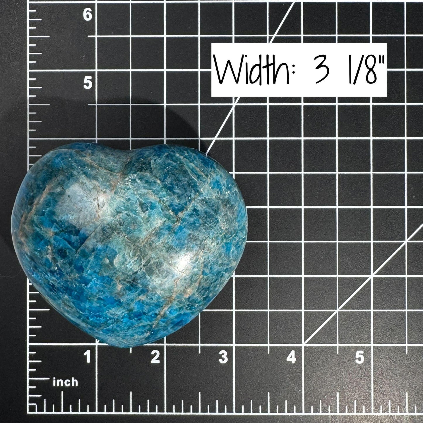 Blue Apatite heart | 3 1/8" wide | 334 grams | stand included | Damage Discount