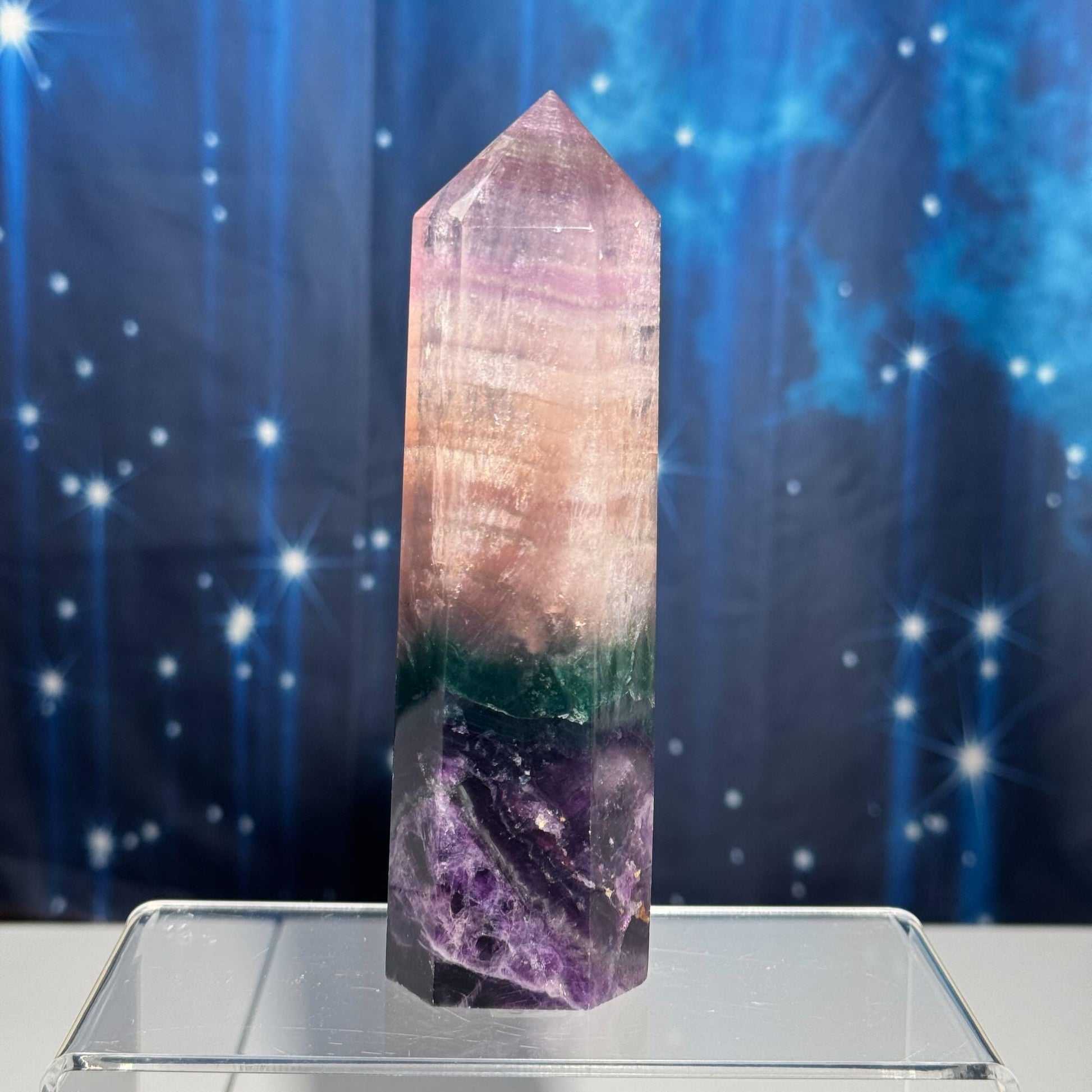Purple Fluorite tower | 5 7/8" tall | 431 grams | rainbow filled | Damage Discount | Rainbow Fluorite