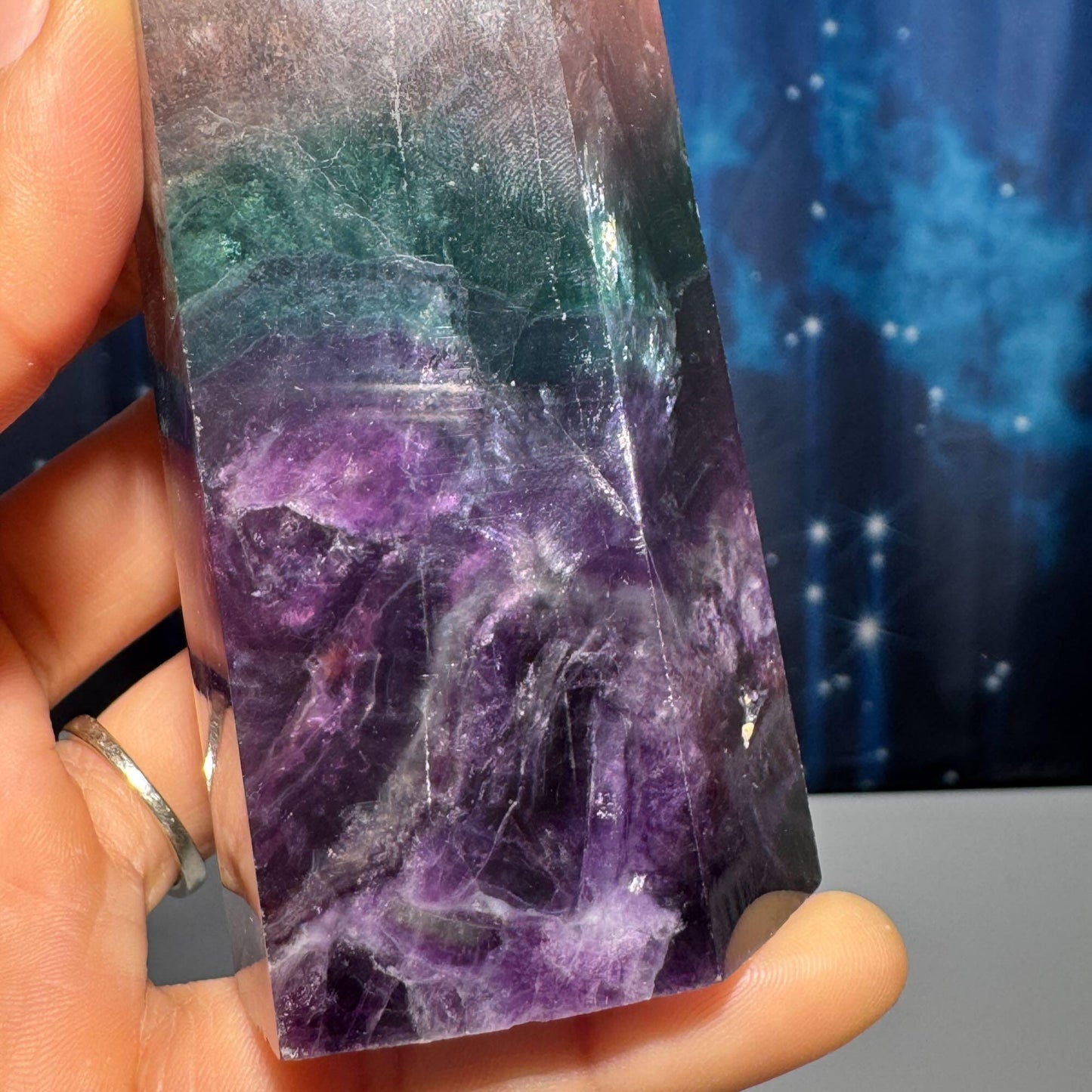Purple Fluorite tower | 5 7/8" tall | 431 grams | rainbow filled | Damage Discount | Rainbow Fluorite