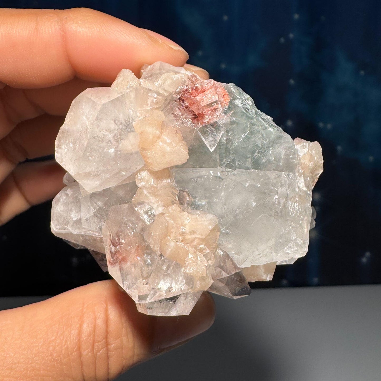 Apophyllite with Stilbite specimen| 164 grams | 2 3/4" long | Hematite inclusions | with Blue Chalcedony | Tucson find