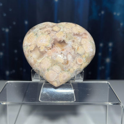 Flower Agate heart | 3 3/8" long | 354 grams | stand included | Damage Discount