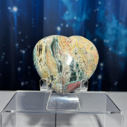 Sea Jasper puffy heart from China. With different shades of green and reds