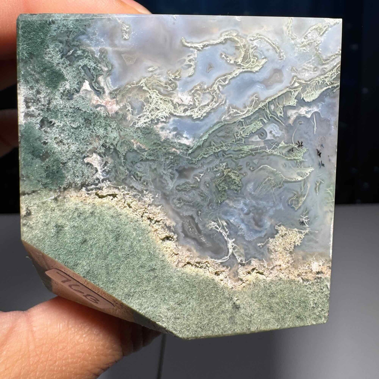 druzy Moss Agate cube | 2 1/4" long | 406 grams | green Moss Agate | floating cube